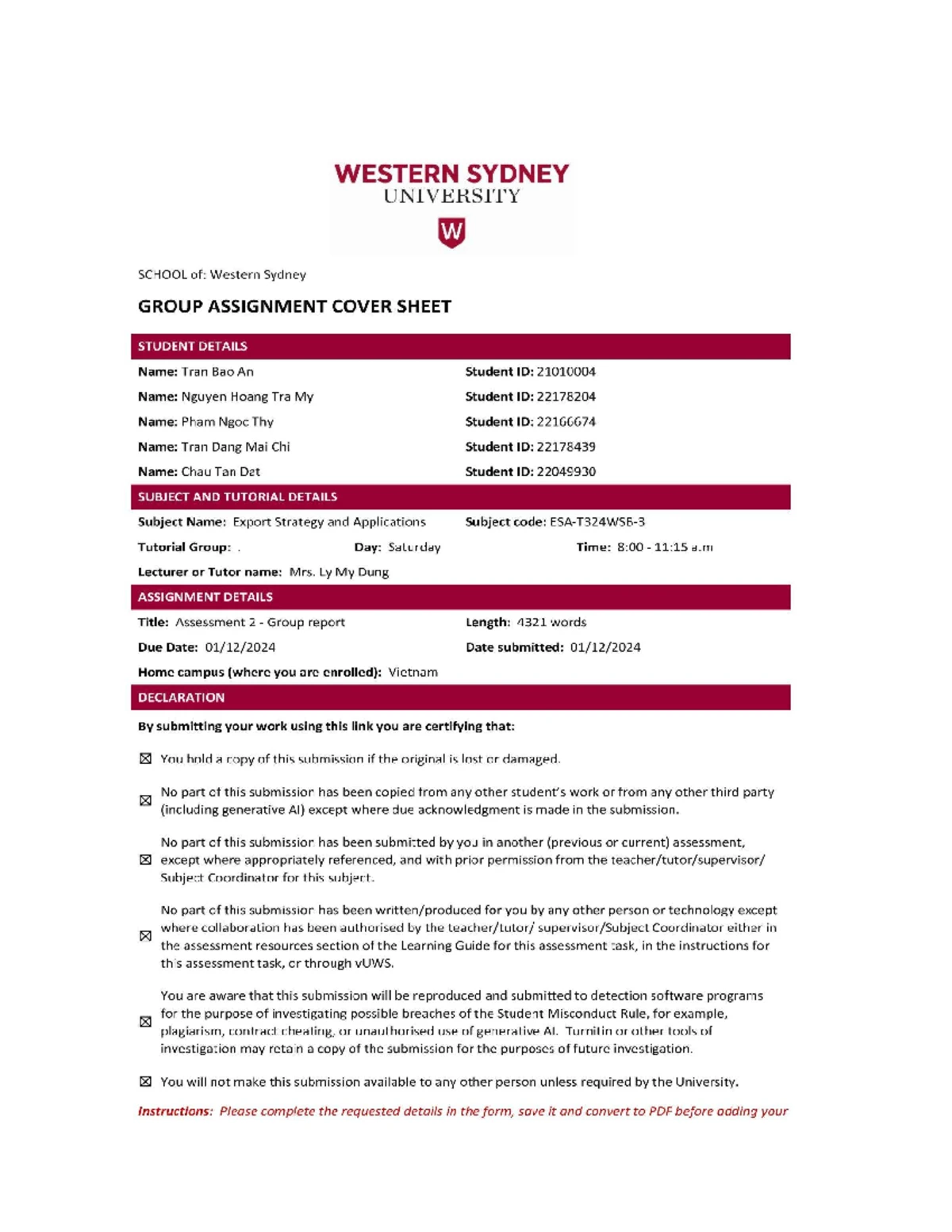 MKTG3004 (Vietnam) Export Strategy & Applications - Trimester 3 2024 ...