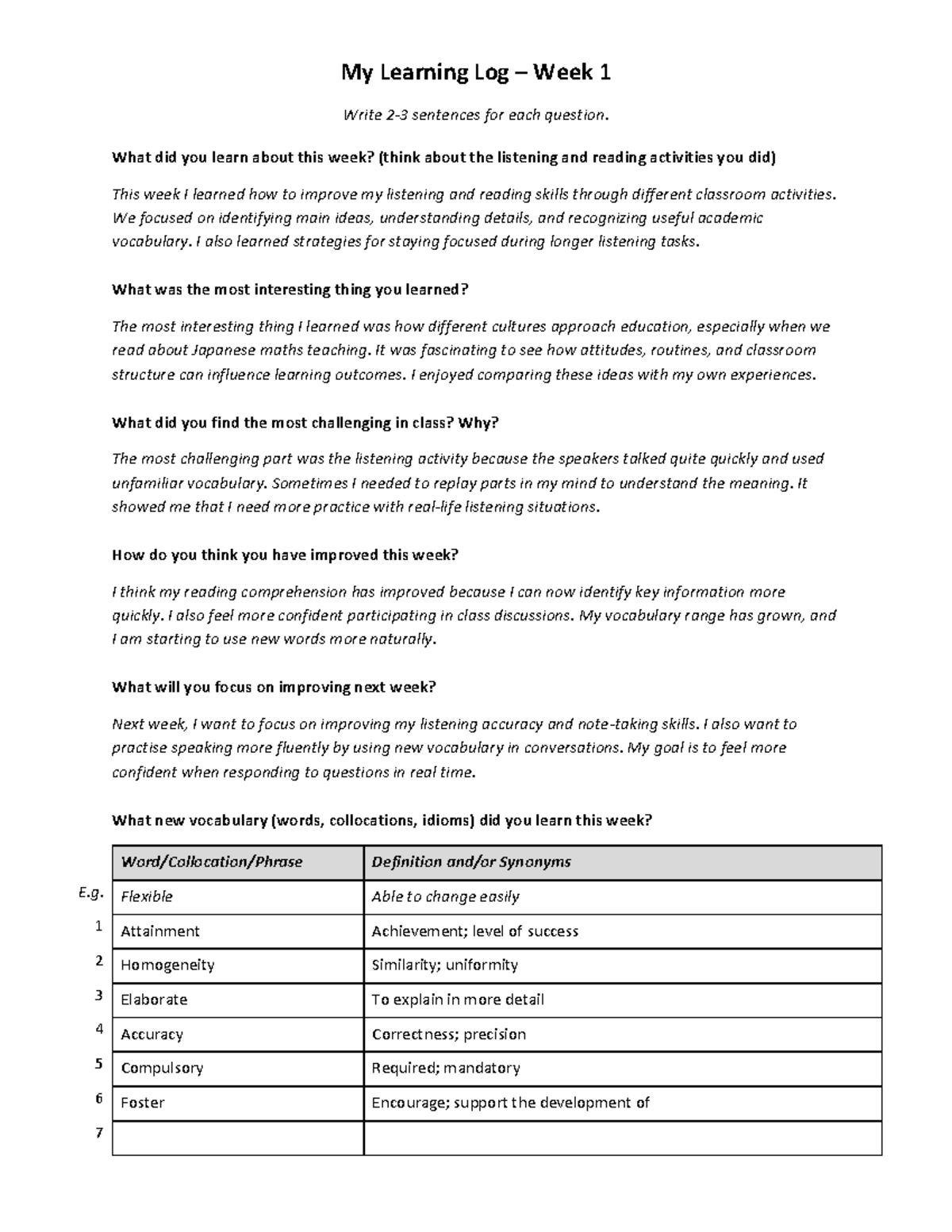 Week 1 Learning Log: Enhancing Listening & Reading Skills - Studocu
