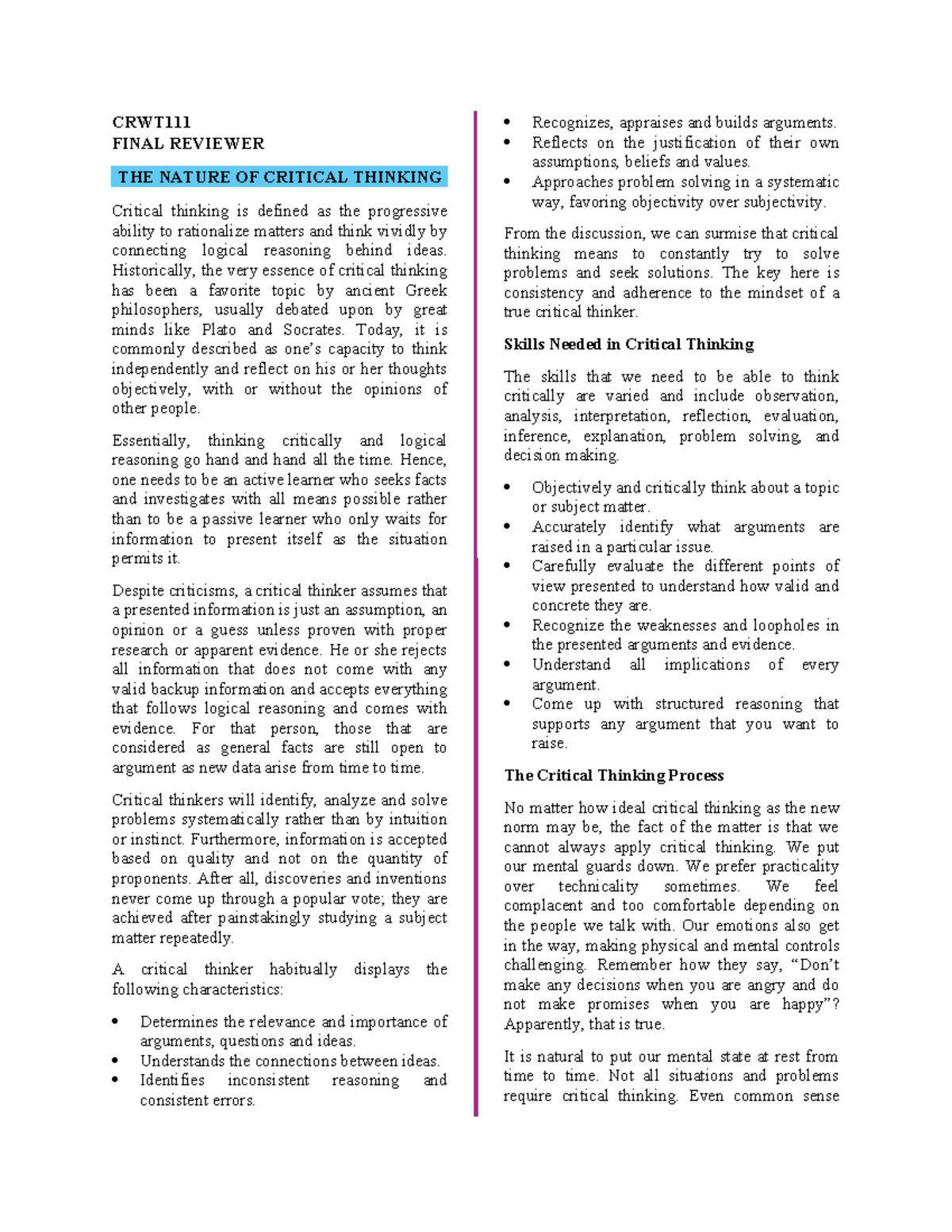 Final Review Notes on Critical Thinking - CRWT - Studocu