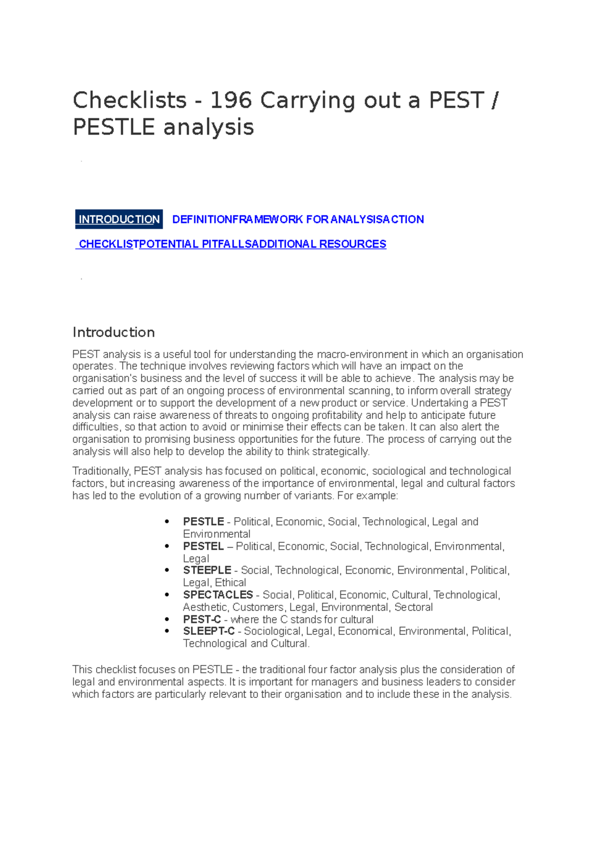 701 Checklist - 196 Effective PESTLE Analysis Guide for Strategic ...