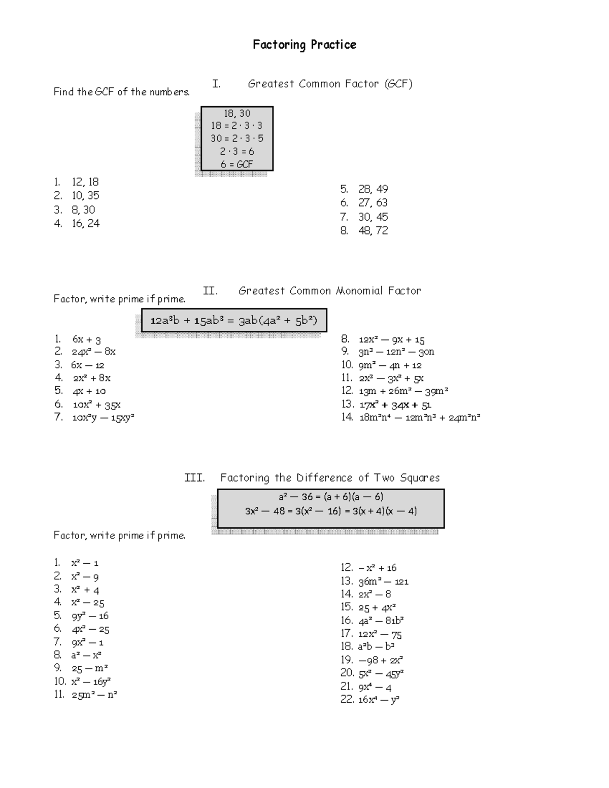Factoring Practice - SPECIAL PRODUCT - Factoring Practice Find the GCF ...