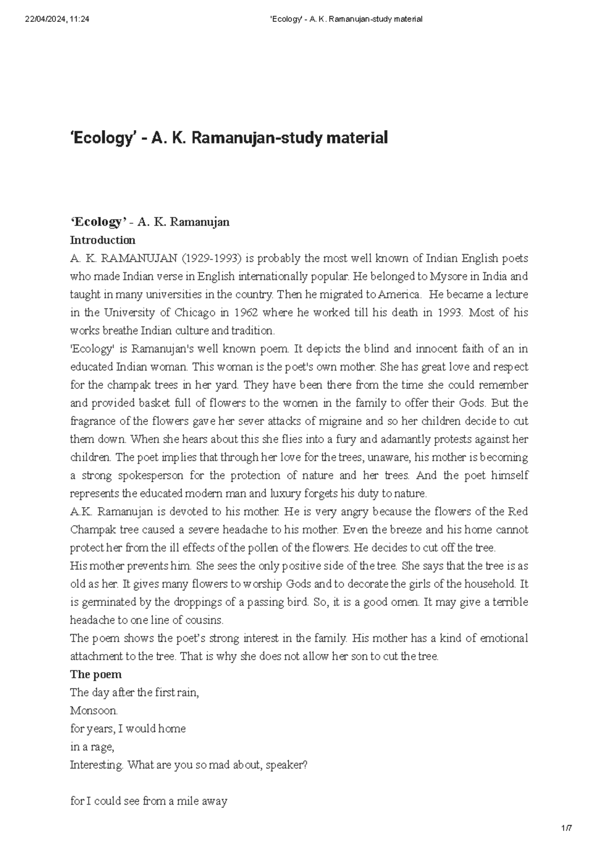 Ecology Poem Analysis and Study Material - A. K. Ramanujan - Studocu