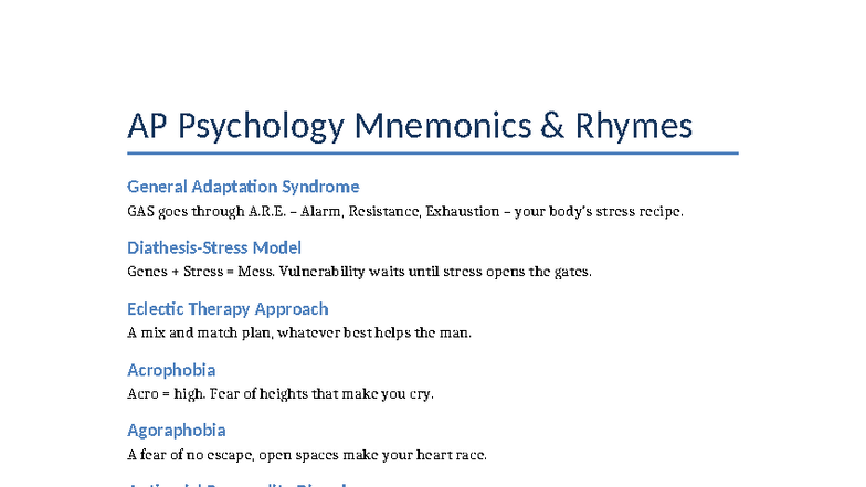 AP Psychology Mnemonics & Study Guide for GAS and Disorders - Studocu