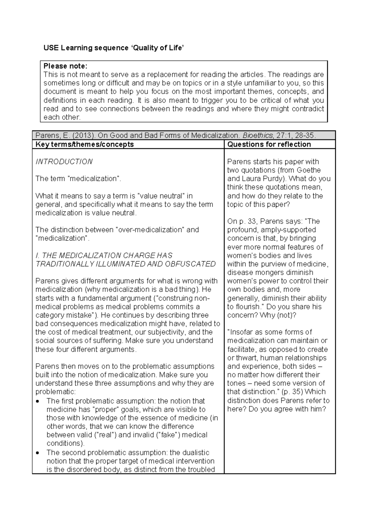 Week 6 Reading Guide: Key Themes on Medicalization (Parens & van der ...