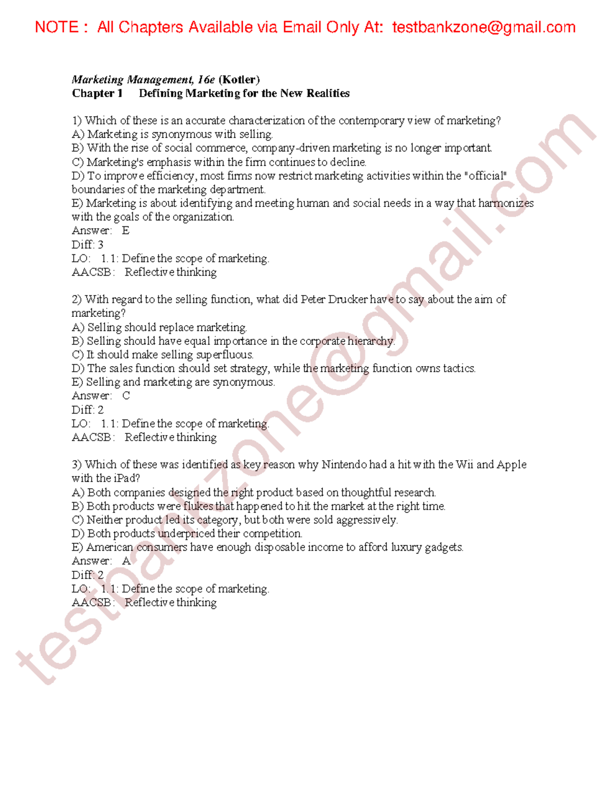 Marketing Management 16e (Kotler) Test Bank: Chapter 1 Solutions - Document Preview
