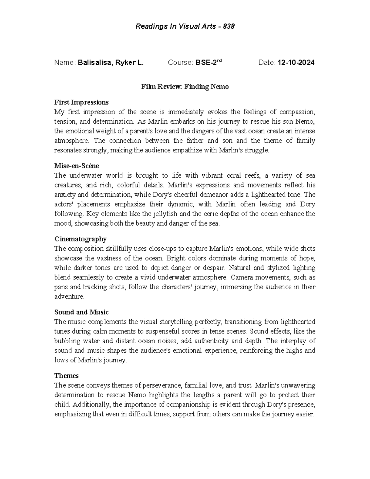 Finding Nemo Film Review Analysis - BSE-2nd Visual Arts 838 - Studocu