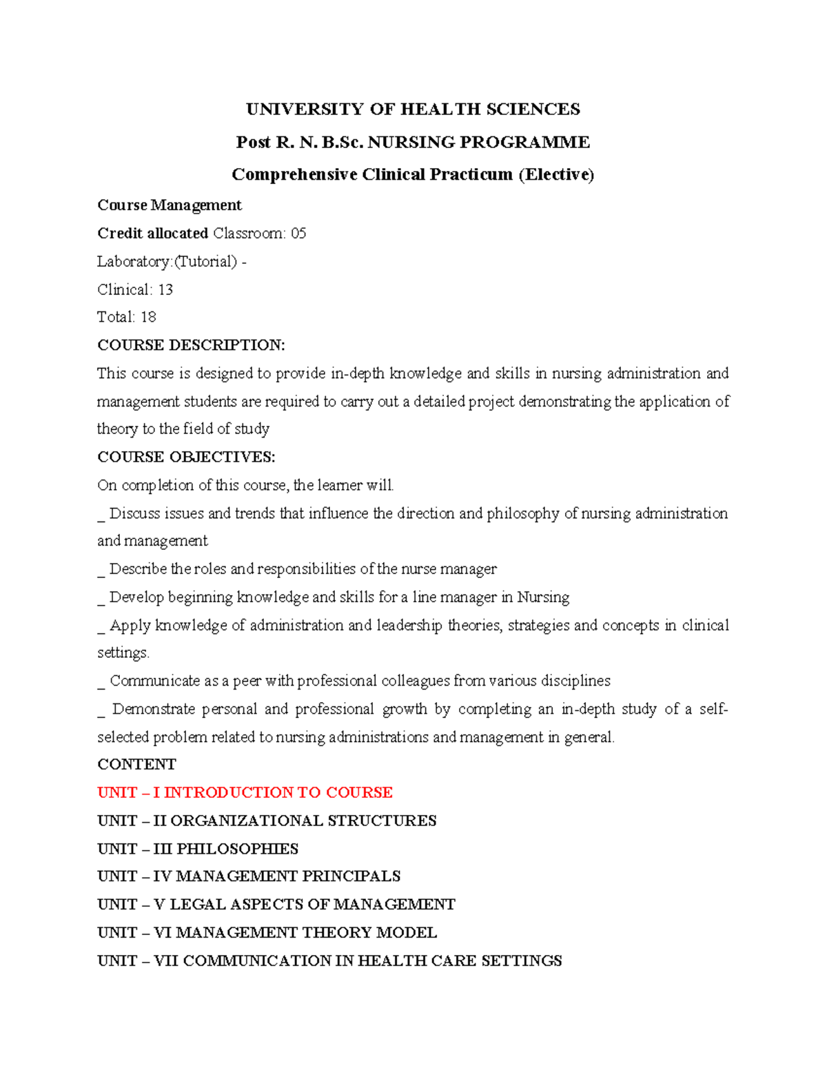 Post R.N. B.Sc. Nursing Programme: Clinical Practicum Course Grid - Studocu