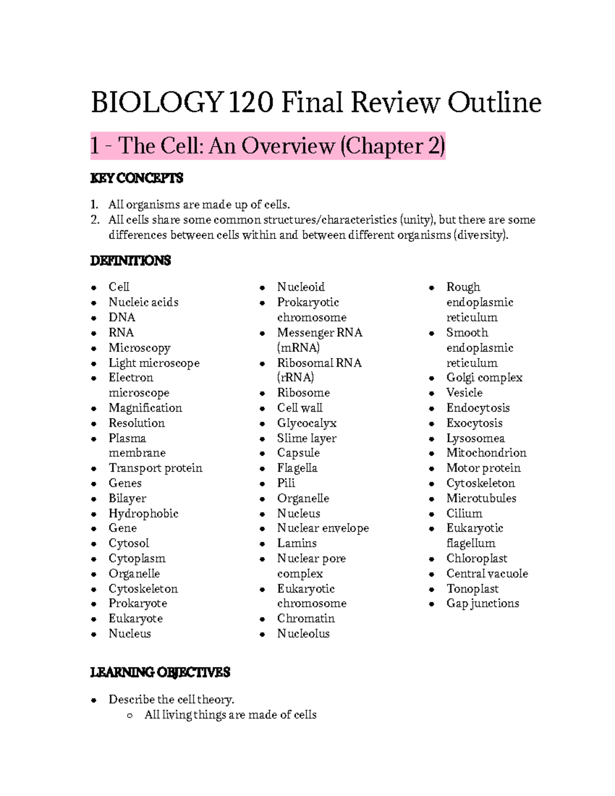 Biology 120 Final Exam review outline: The cell and its functions - Studocu