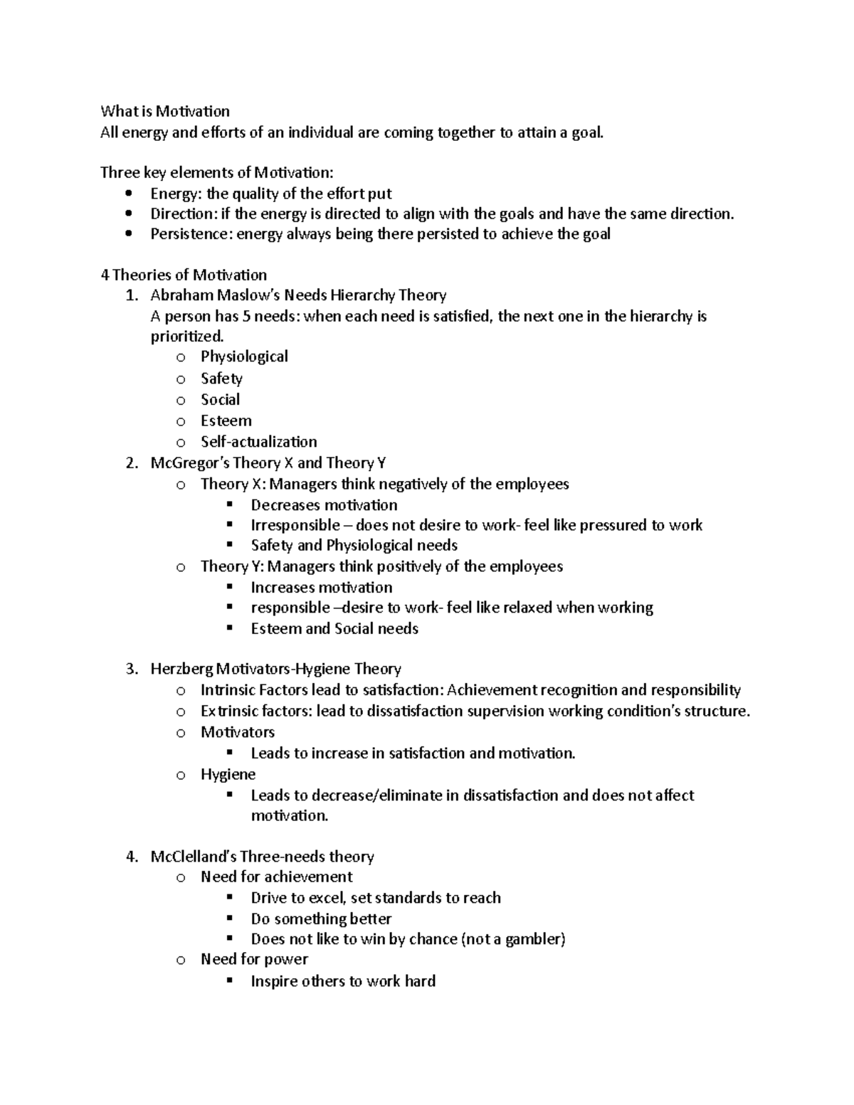 Chapter 11: Summary of Motivation Theories and Key Elements - Studocu