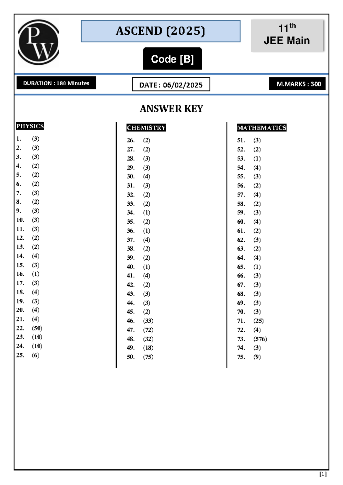 Ascend 2025 Code [B] Class-11th JEE Main Solution - ANSWER KEY PHYSICS ...