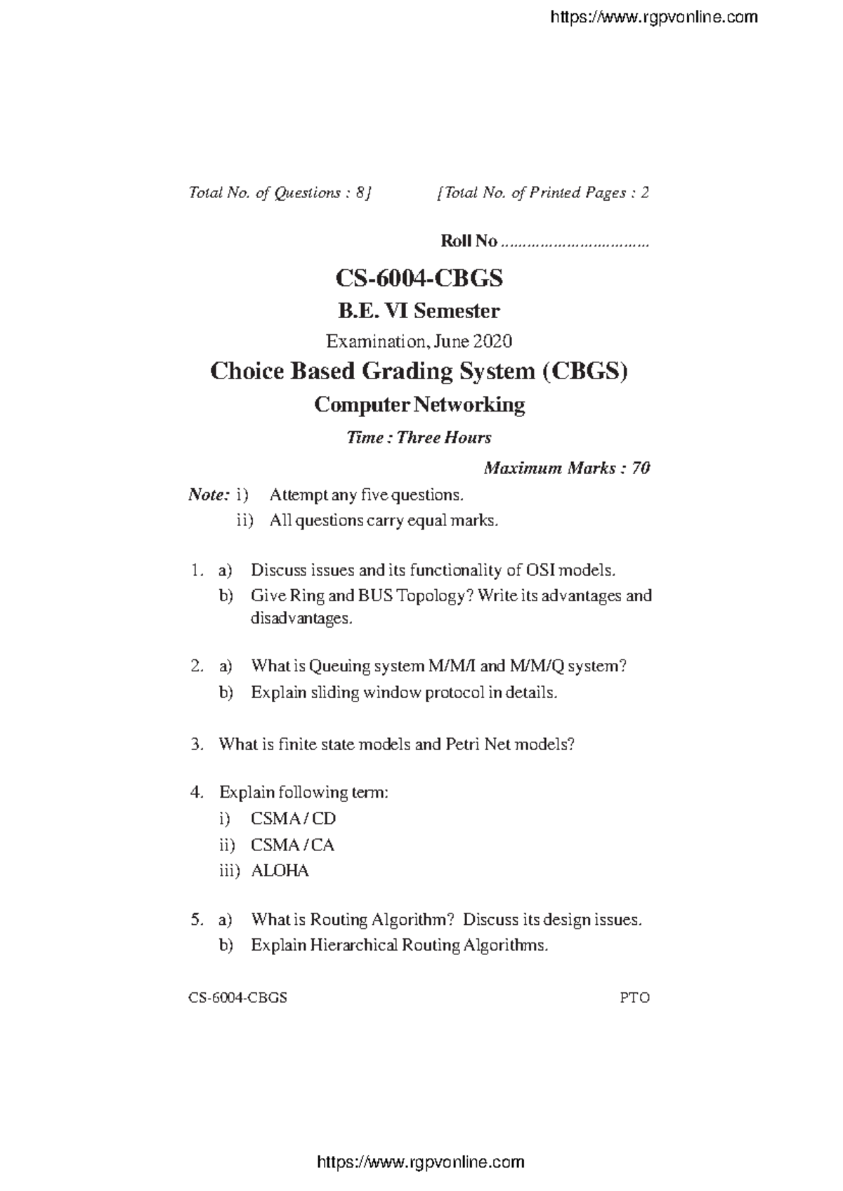 CS-6004 Computer Networking Exam Paper - June 2020 - Studocu
