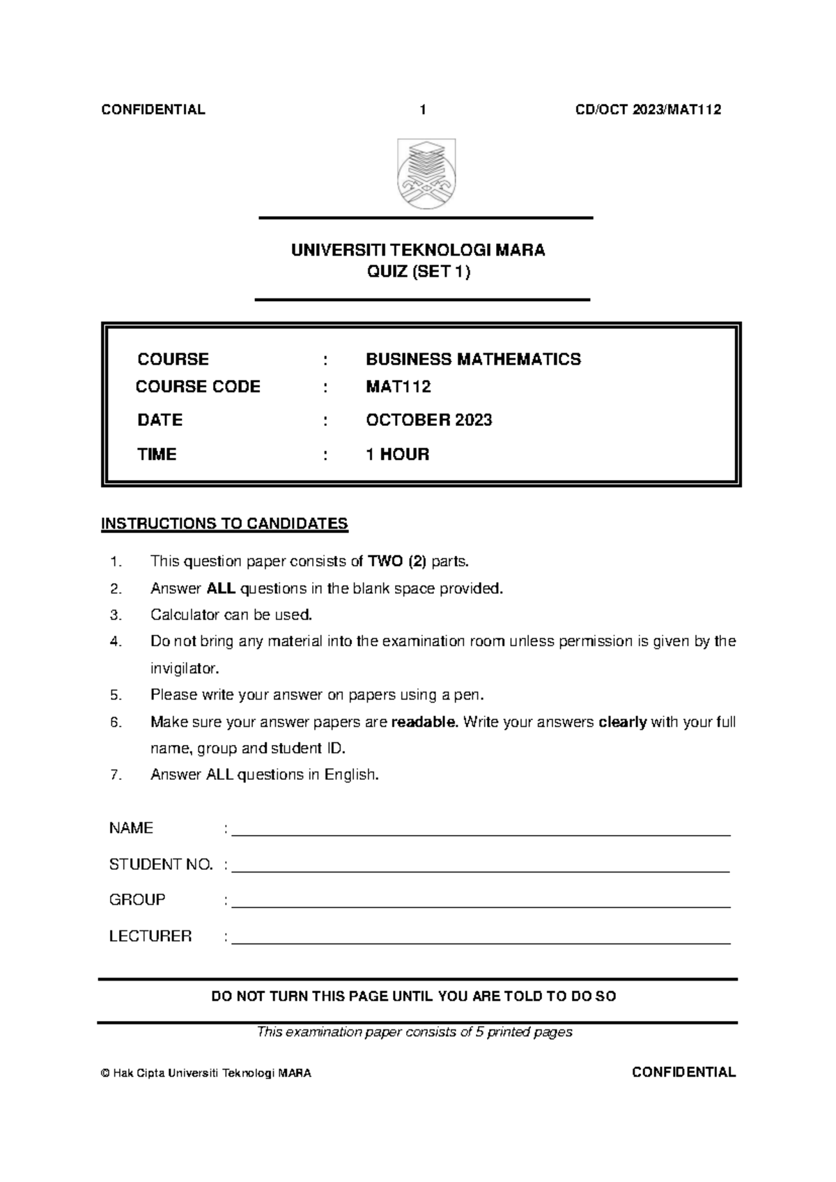 QUIZ MAT112: Business Mathematics Set 1 (October 2023) - Studocu