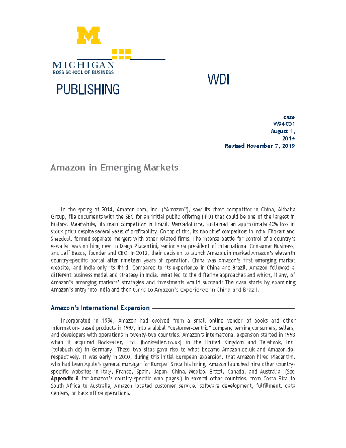 Amazon - Case study - case W94C August 1, 2014 Revised November 7, 2019 ...