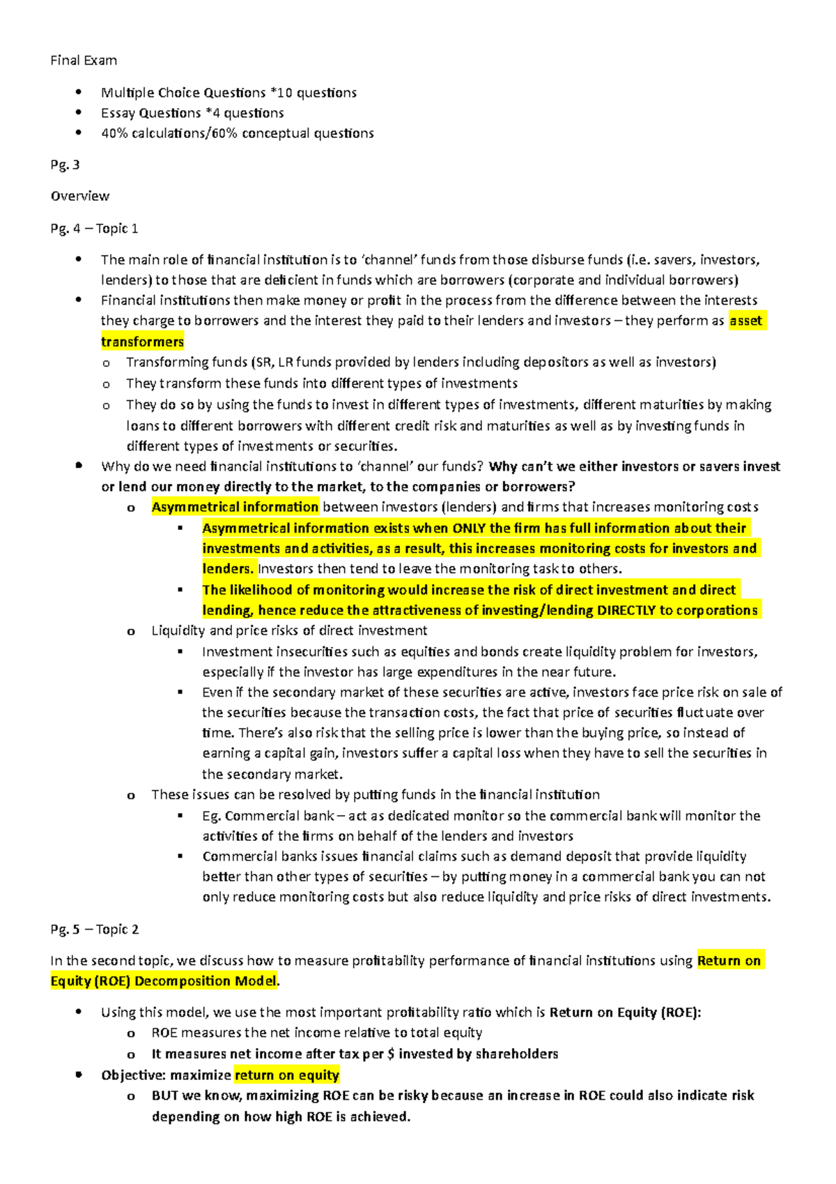FIM Lecture - Final Exam Multiple Choice Questions *10 questions Essay ...