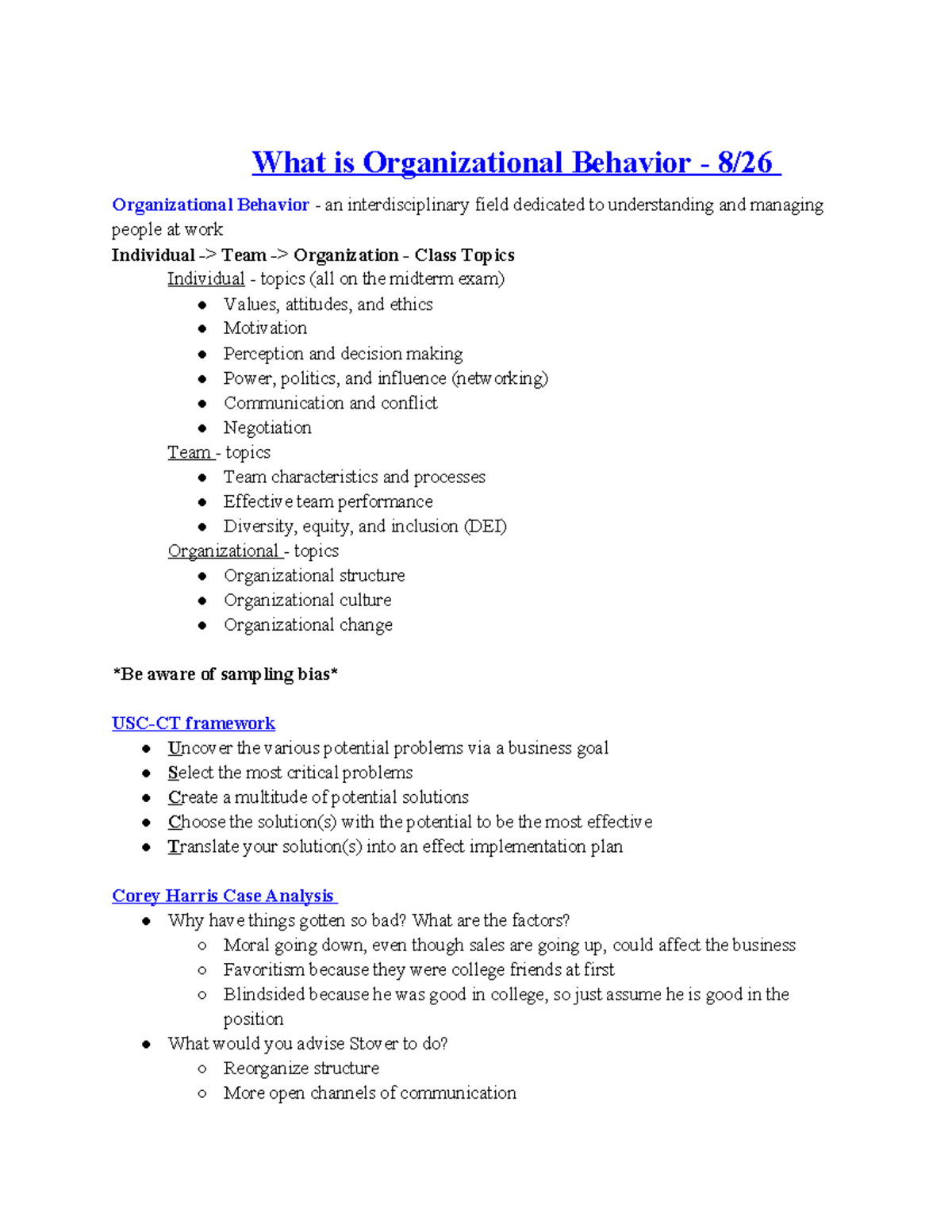 BAUD 304 - Organizational Behavior Midterm Exam Study Notes - Studocu