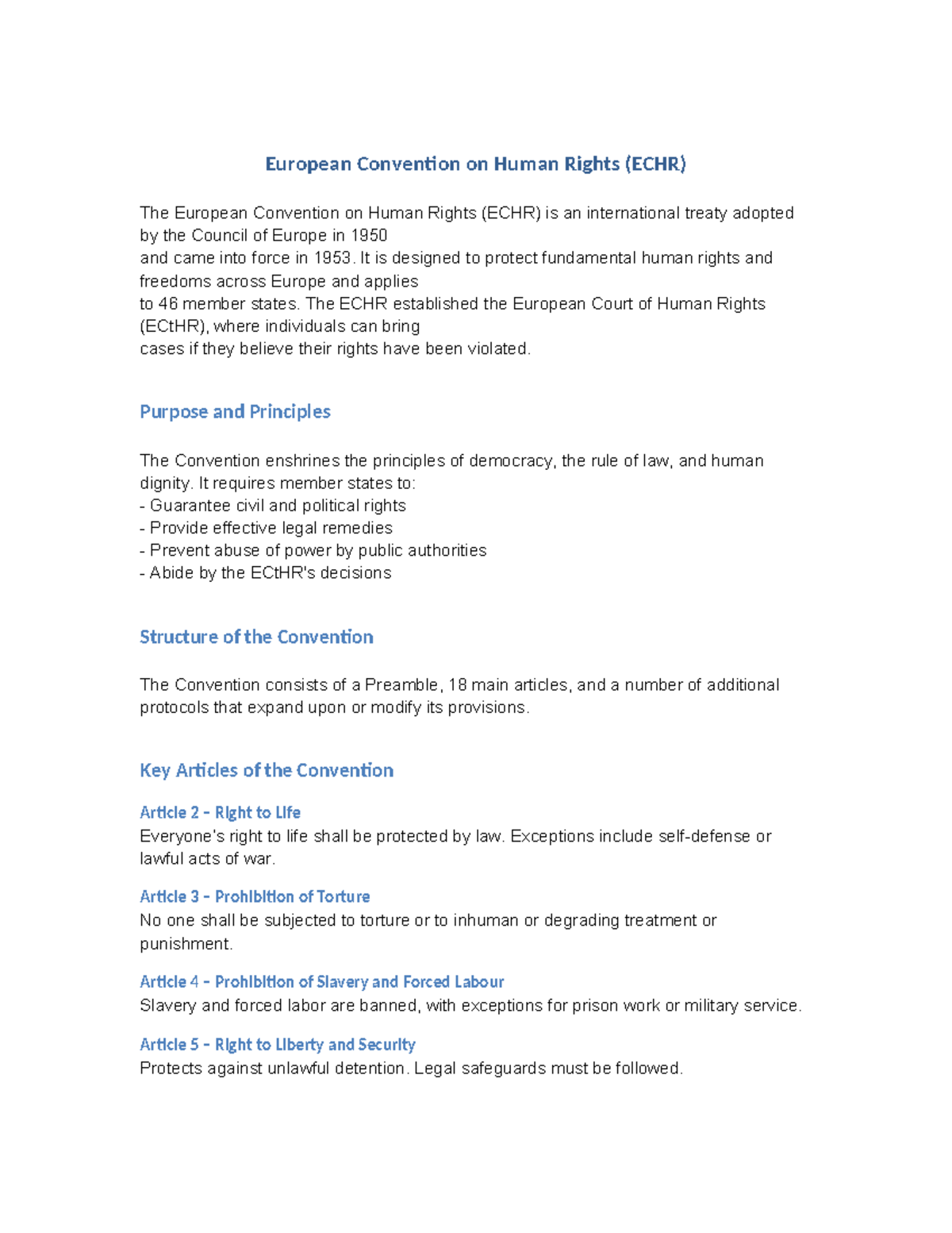 ECHR Overview: Key Principles and Articles of the Convention - Studocu