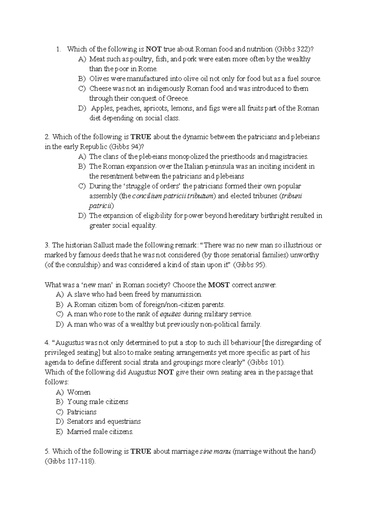Roman Final Exam Study Guide: Food, Society, and Laws (Gibbs) - Studocu