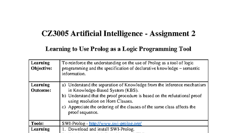 CZ3005 AI Assignment 2: Prolog Logic Programming Guide - Studocu