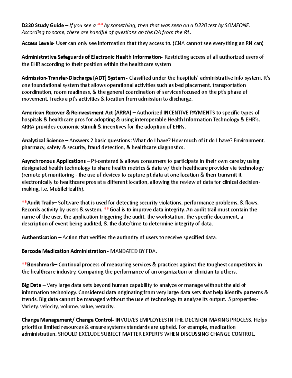 D220 Study Guide for Health Informatics Concepts and Exam Prep - Studocu