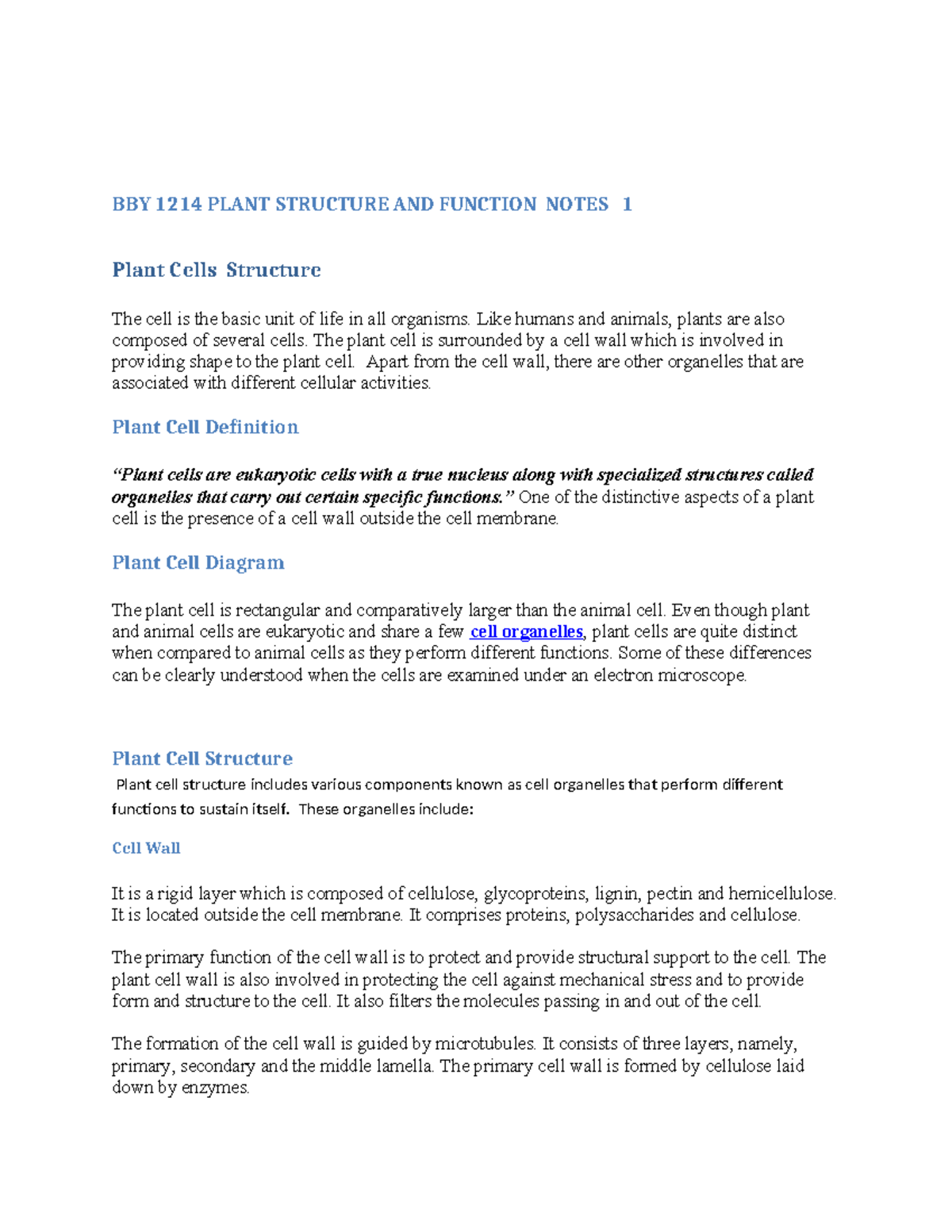 BBY 1214 Plant Structure and Function: Cell Types and Tissues Notes ...