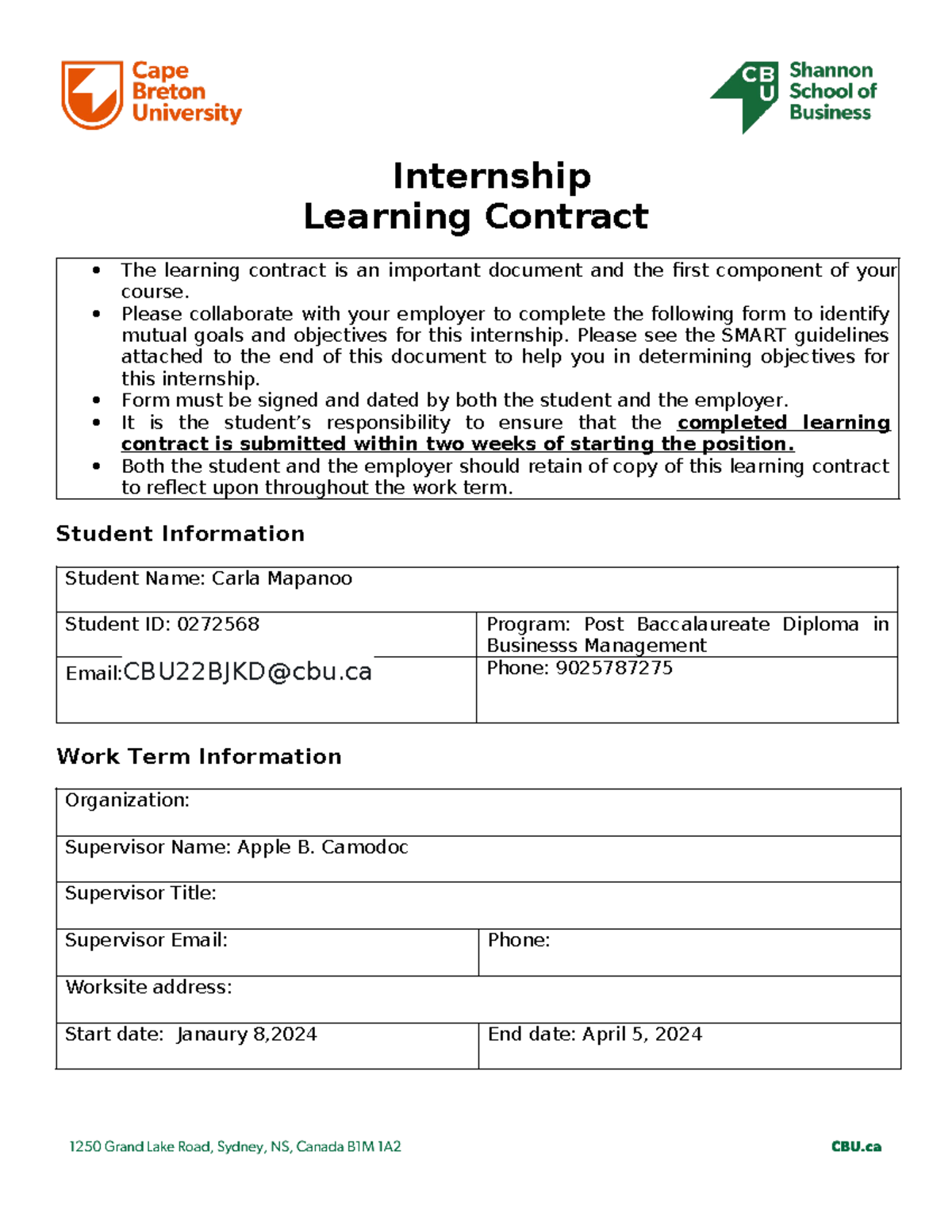 CBU Internship Learning Contract - Internship Learning Contract The ...