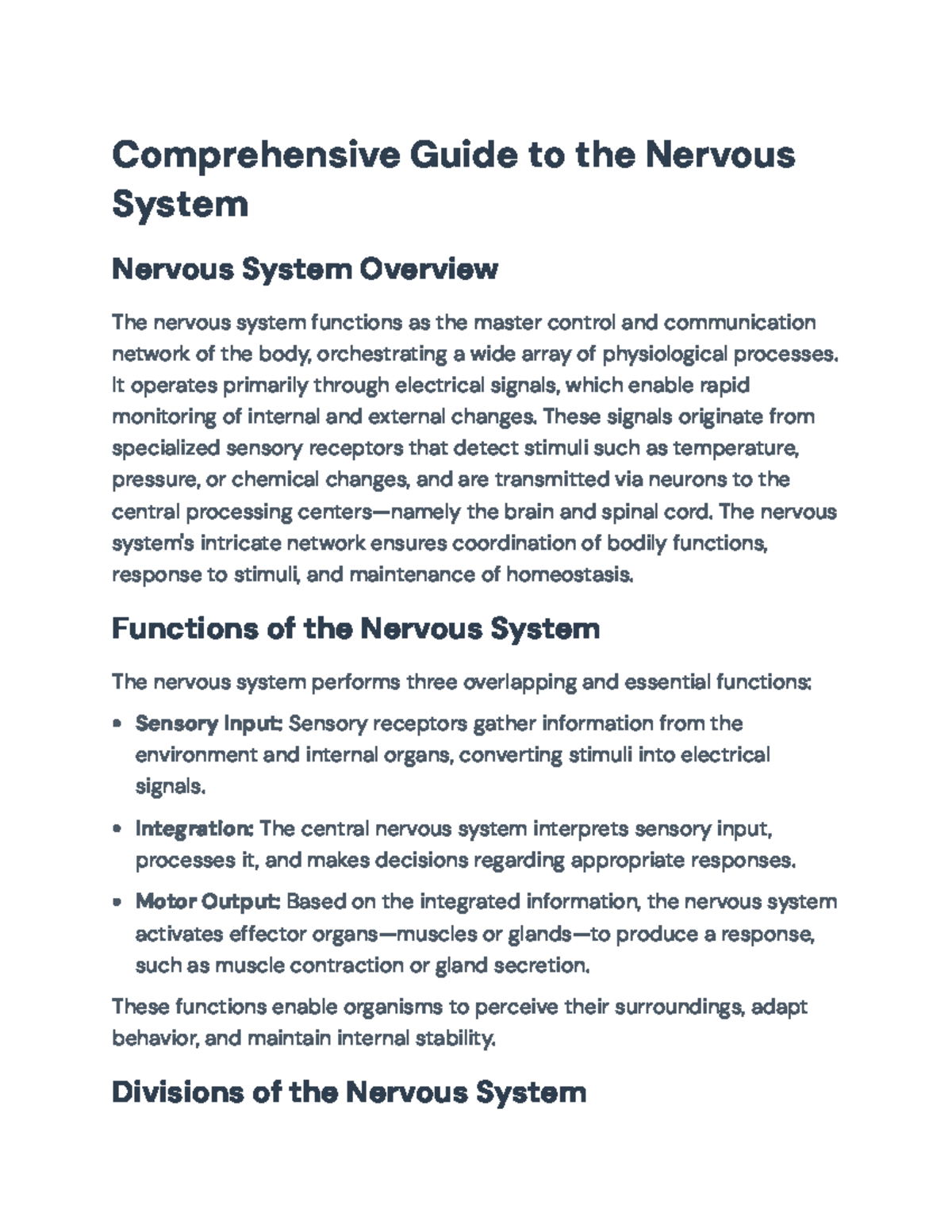 Comprehensive Overview of the Nervous System (BIO 101) - Studocu