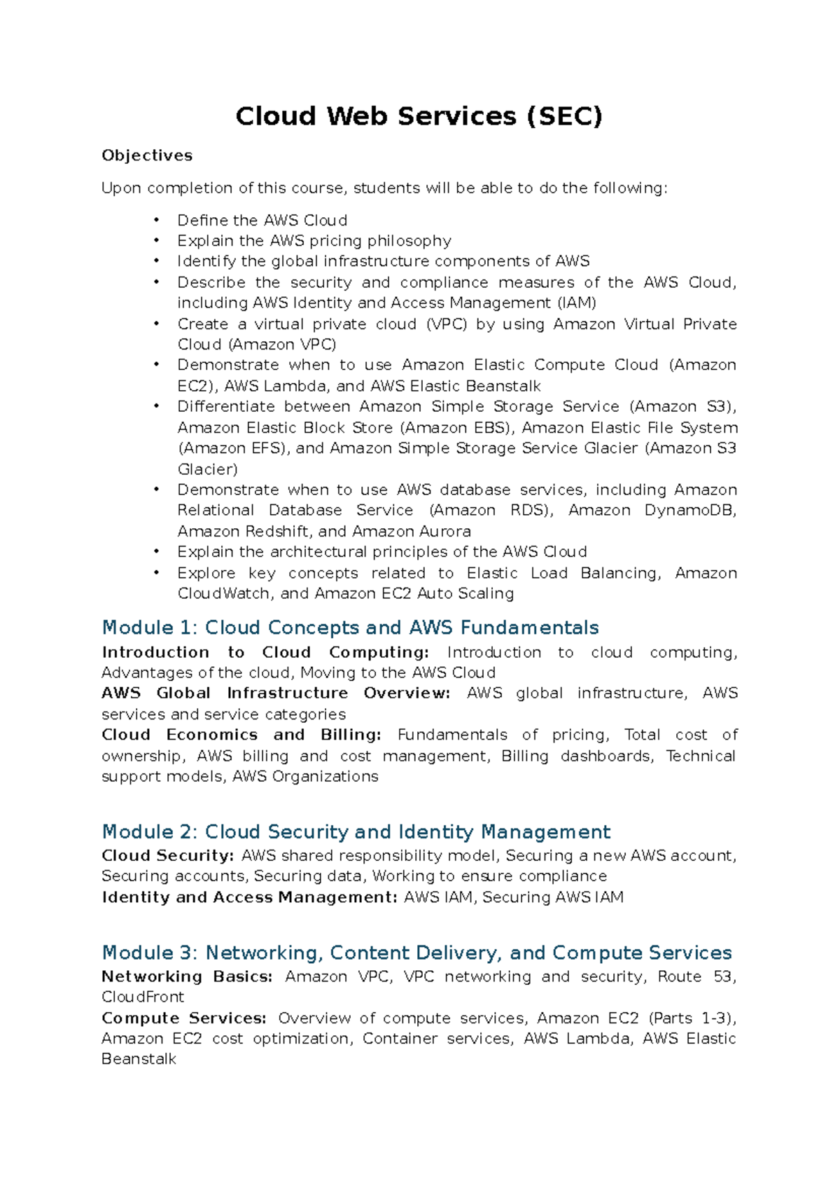 Cloud Web Services (SEC) Course Overview and Objectives - Studocu