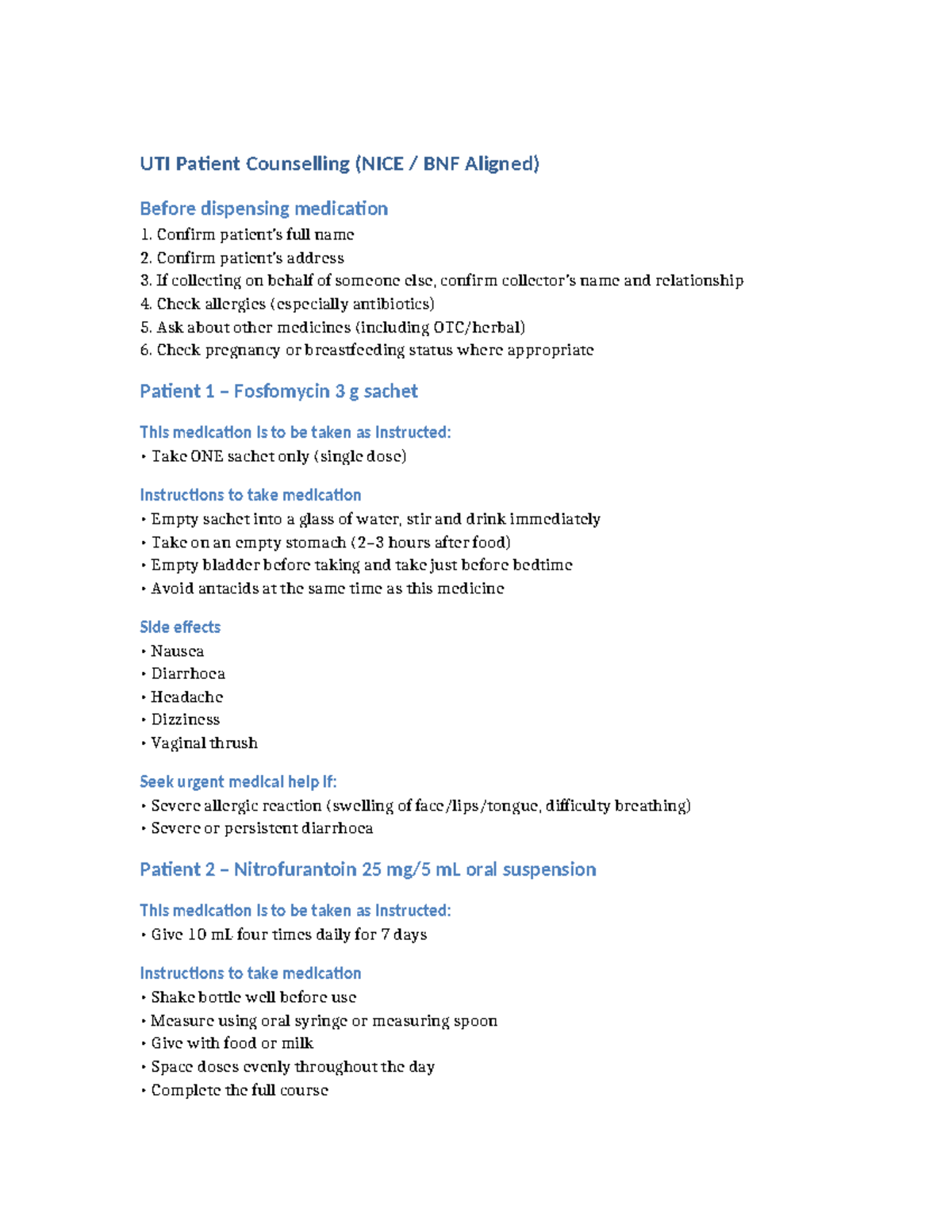 UTI Patient Counselling Guidelines (NICE BNF Aligned) - Studocu