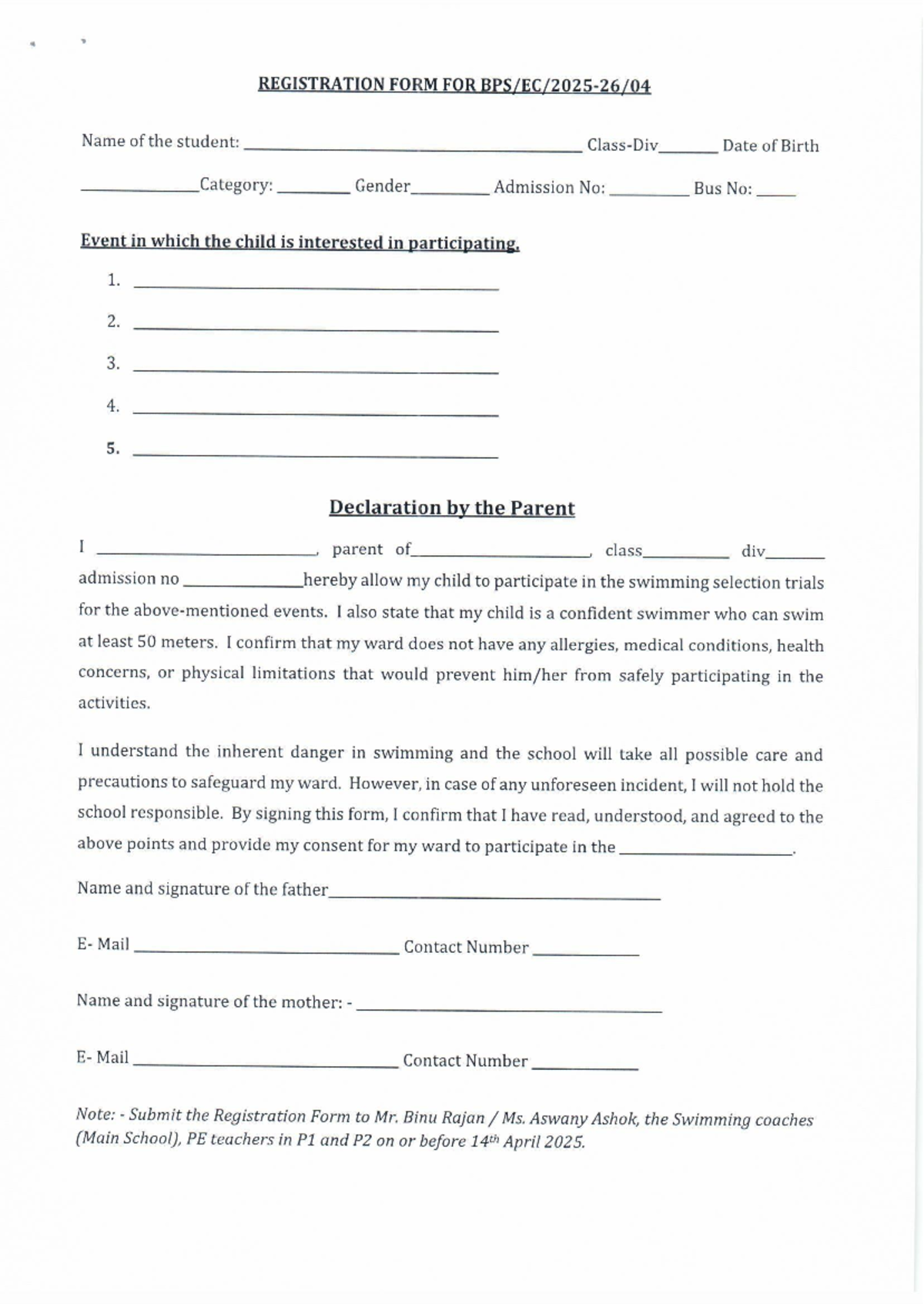 Swimming selection trials registration form - 61121 1 3 - Studocu
