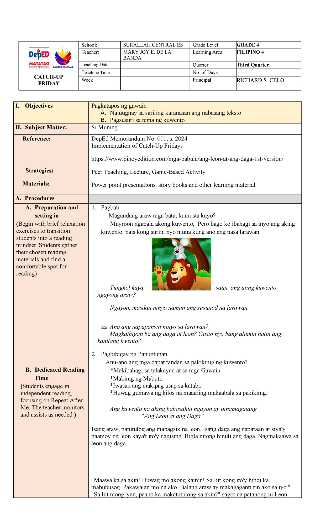 DLL G4W FIL Lesson Reading Guide: Si Muning Story Activities - Studocu