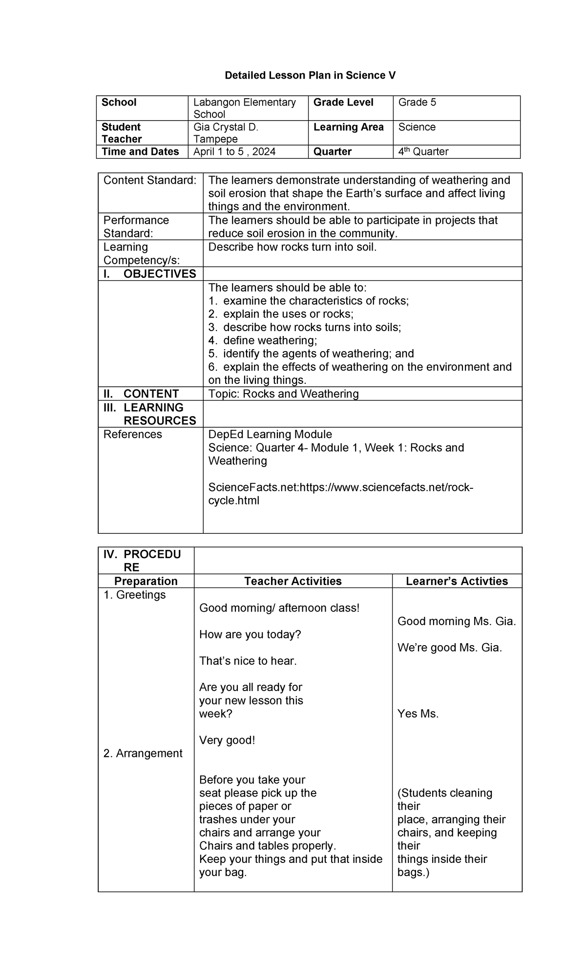 DLP Grade 5 Science: Rocks and Weathering Lesson Plan (Q4) - Studocu