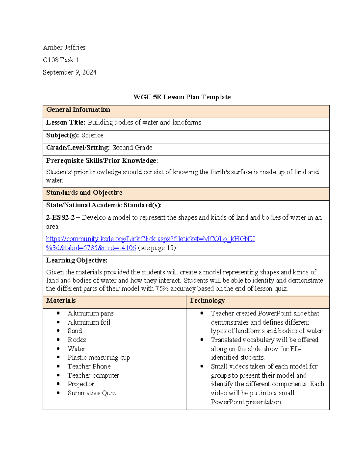C108 Task 1 - Building Landforms and Water Bodies Lesson Plan - Studocu