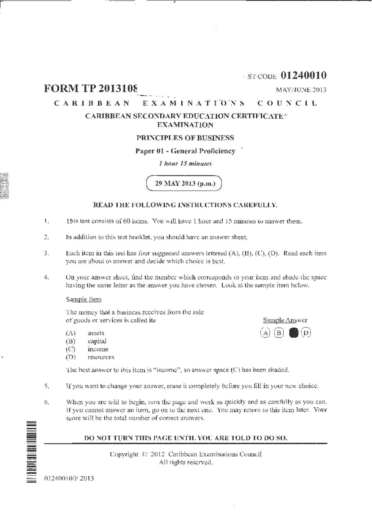CSEC POB 01240010 May 2013 Paper 01 Exam Questions - Studocu