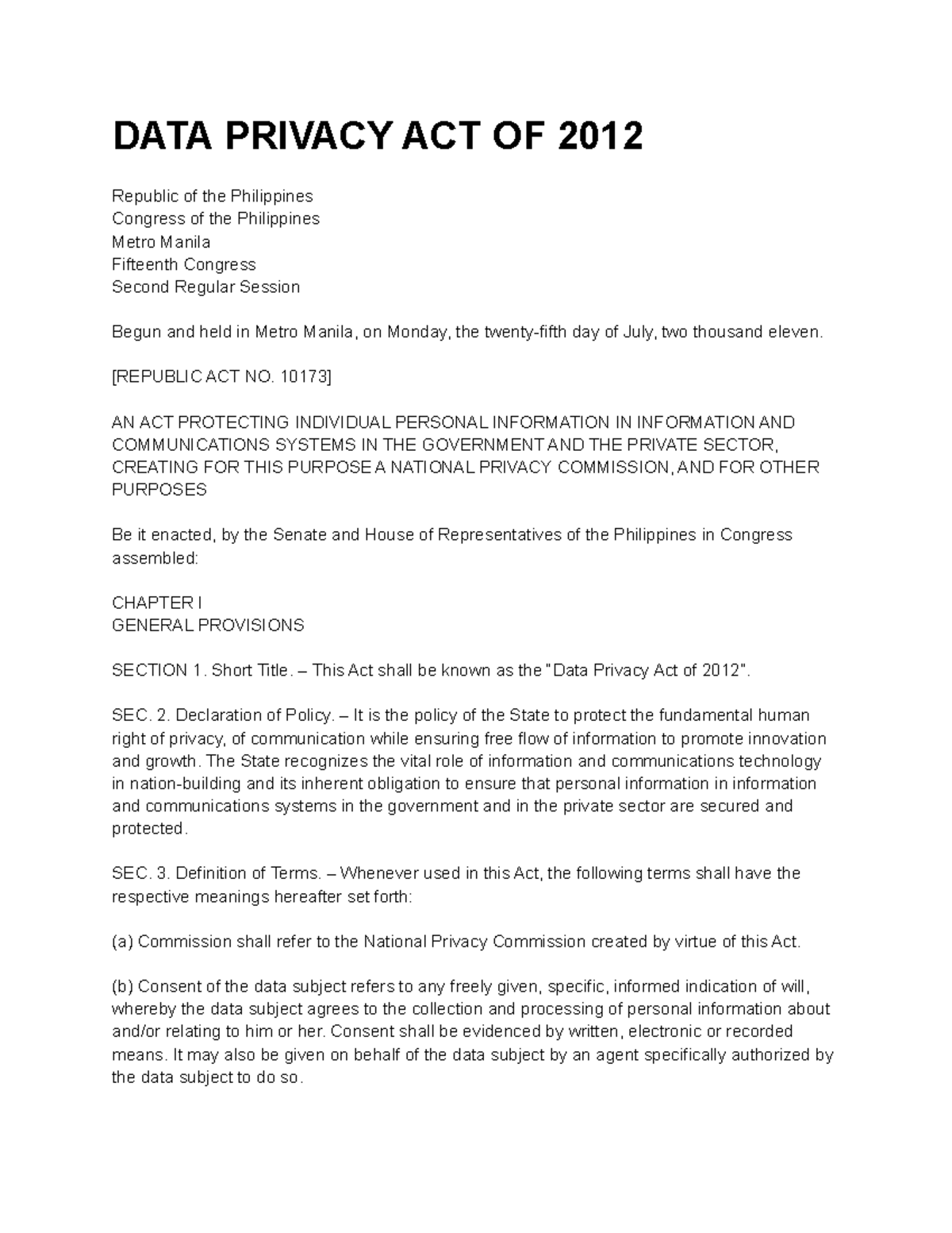 Data-Privacy - Padayonnnnnn - DATA PRIVACY ACT OF 2012 Republic of the ...