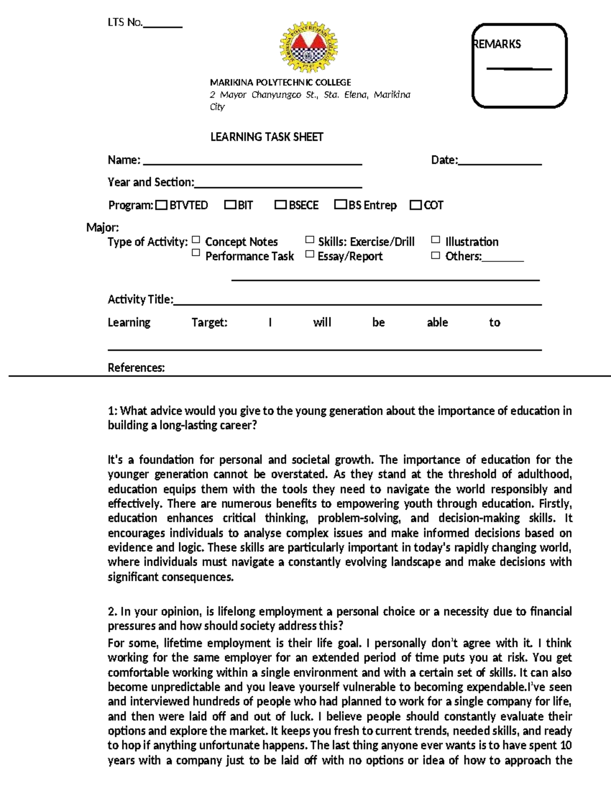 Learning Task Sheet Template for BTVTED/BIT/BSECE Students - Studocu