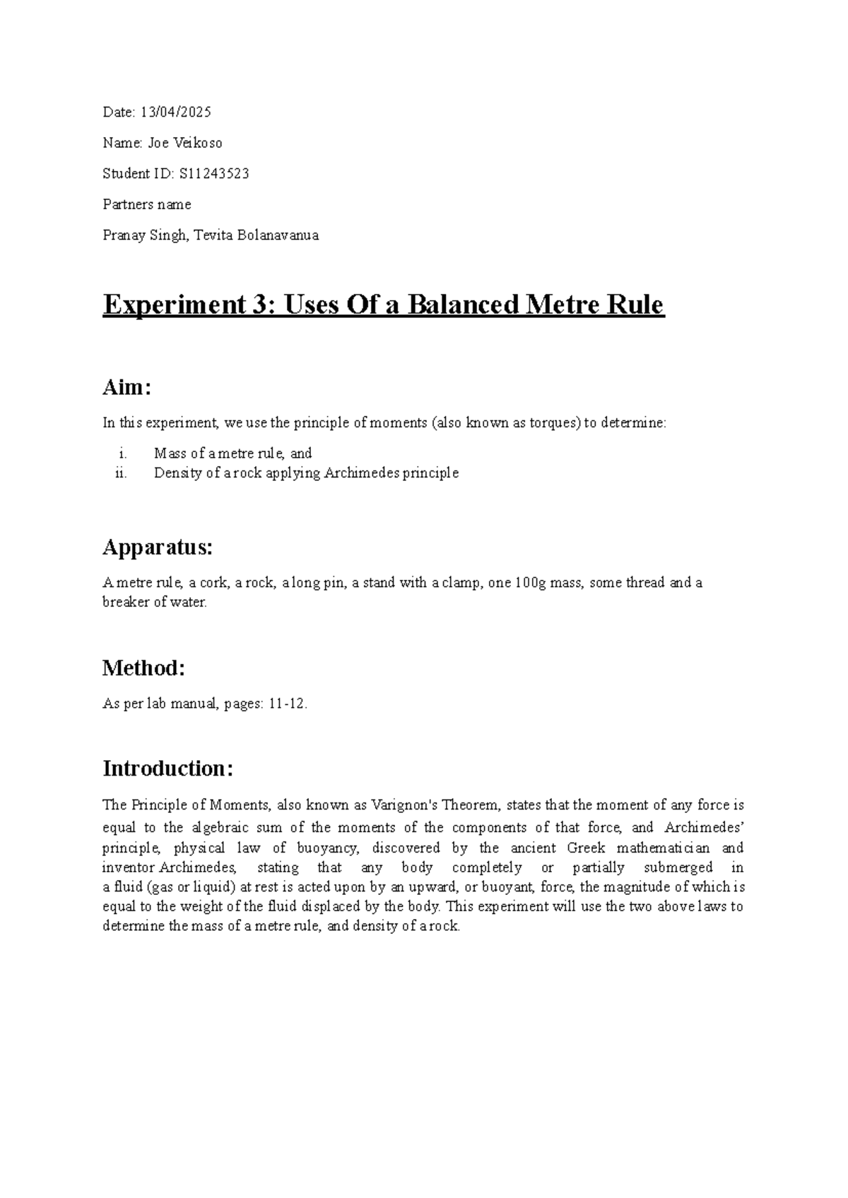 PH102 Experiment 3: Uses of a Balanced Metre Rule - Studocu