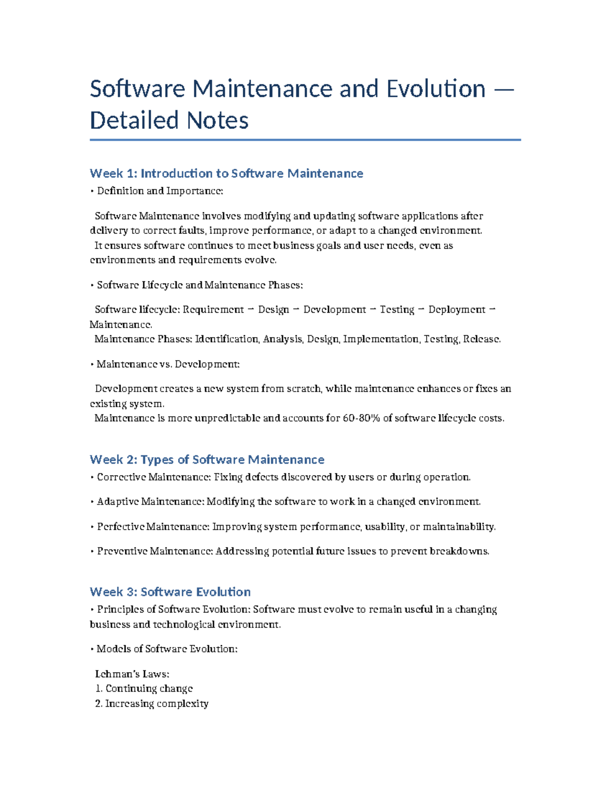 Software Maintenance & Evolution Notes (CS101) - Weeks 1-10 - Studocu