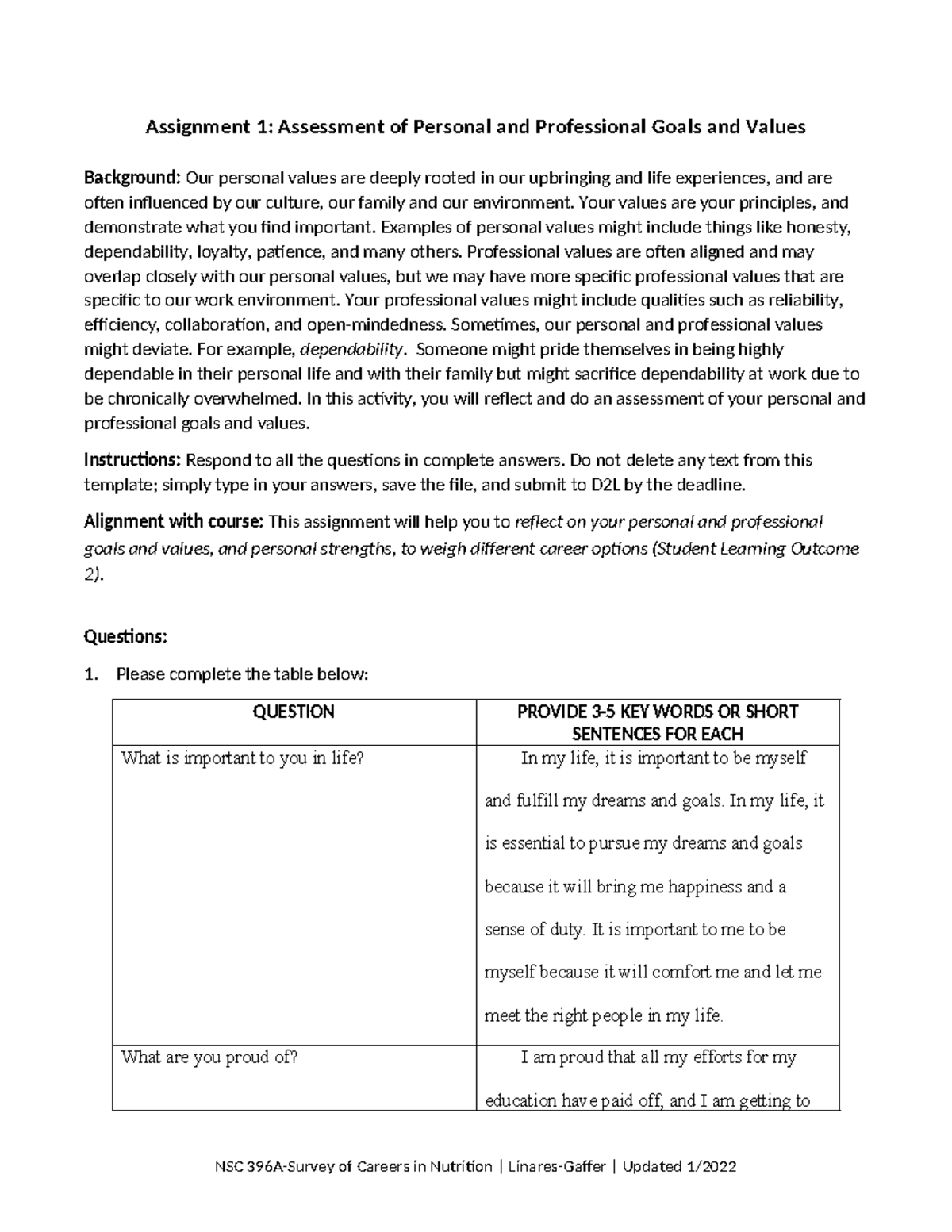 Assignment 1-Assessment of Personal and Professional Goals and Values ...