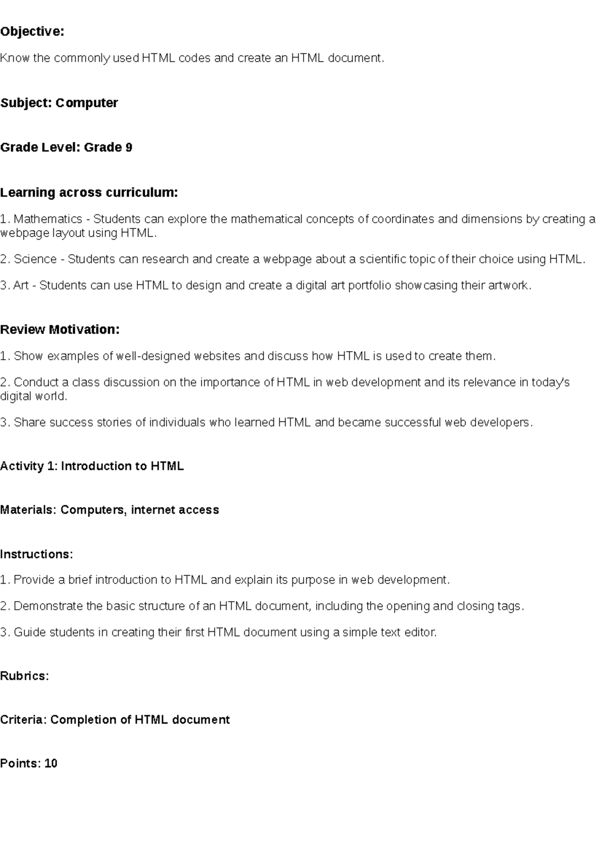 Grade 9 HTML Lesson Plan - COM 9: Create & Explore Web Development ...