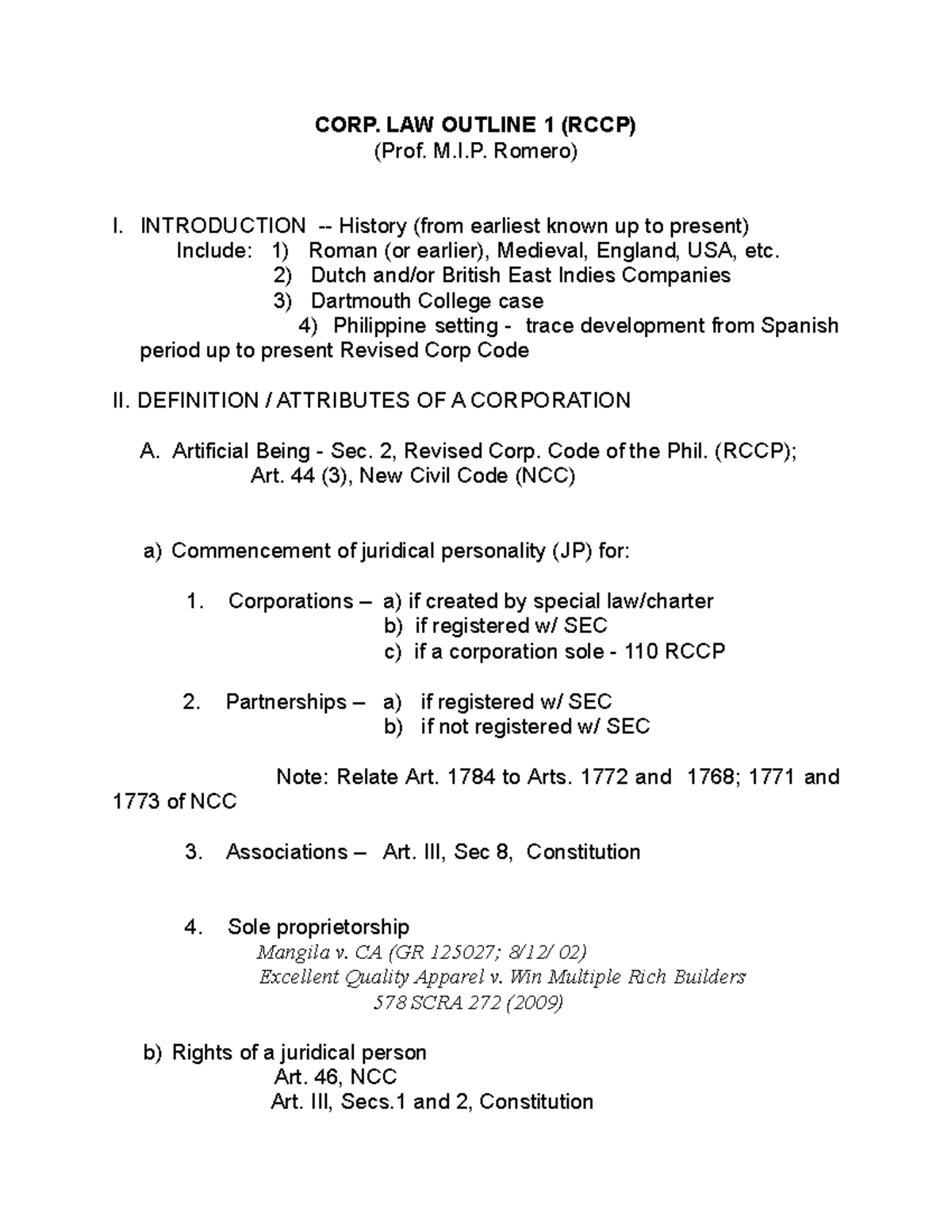 2022 CORP LAW Outline 1 - Comprehensive Guide to Corporation Law - Studocu