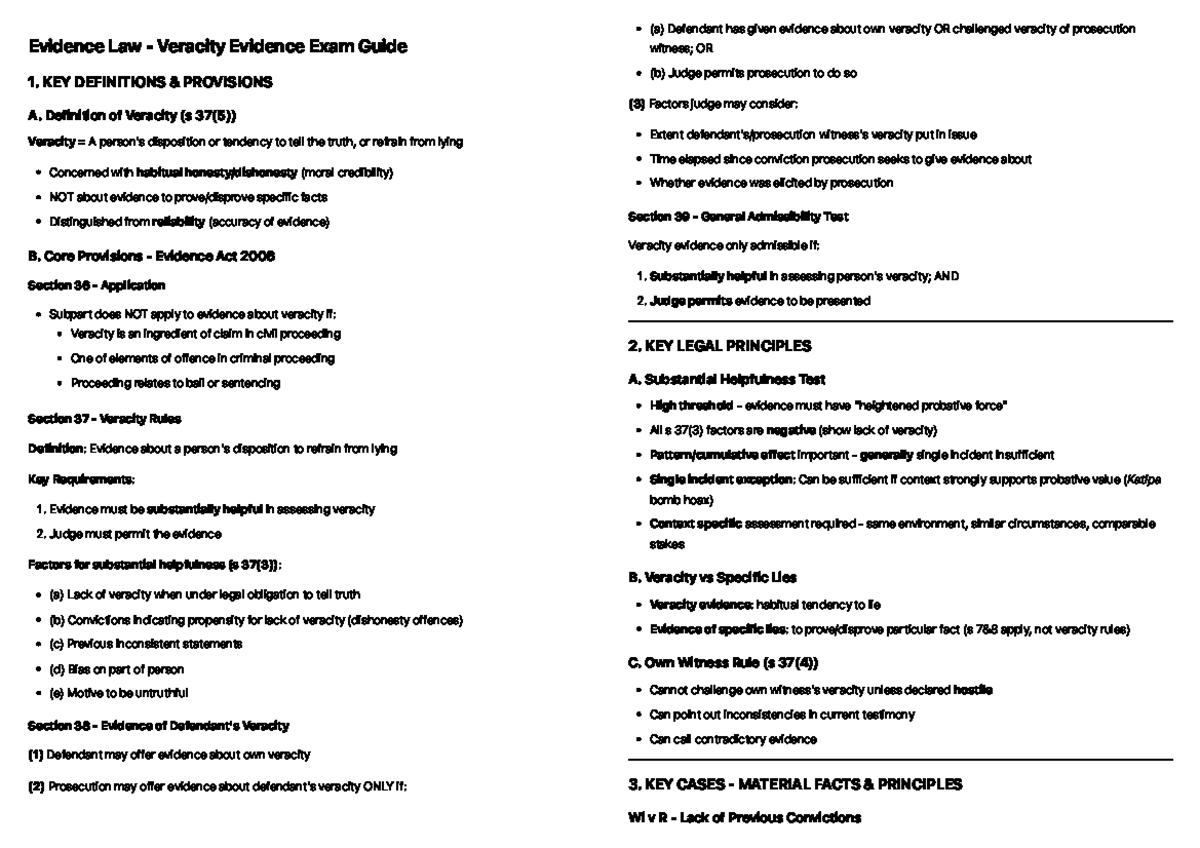 Evidence Law (LAW101) Veracity Evidence Exam Guide: Key Concepts ...