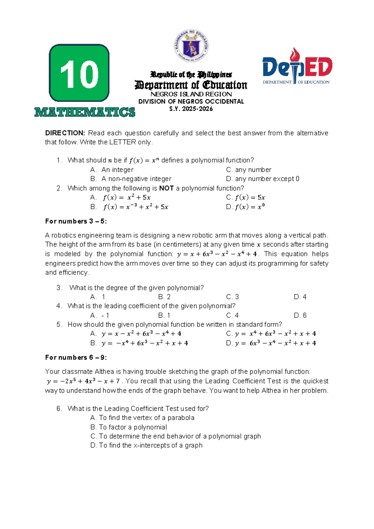 Math Grade 10 Q2 Unified Assessment: Polynomial Functions & Geometry ...