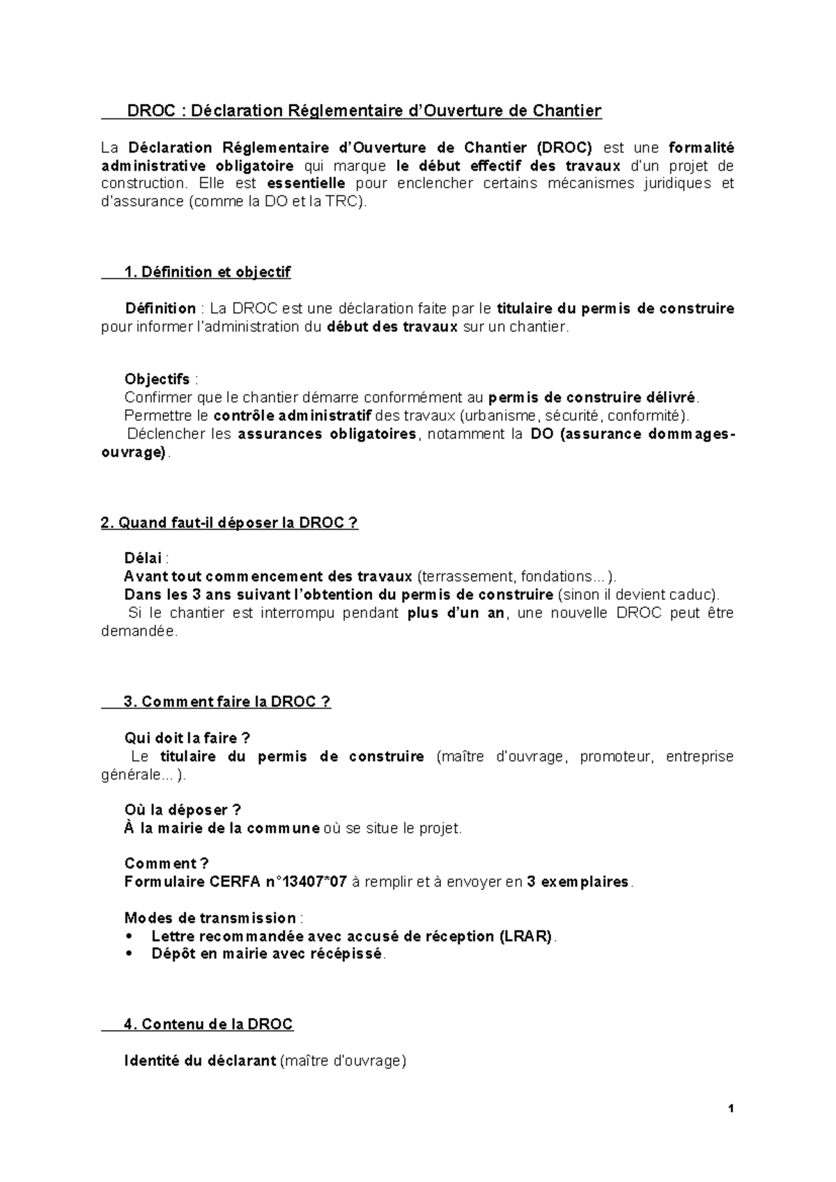 DROC : Guide Complet sur la Déclaration Réglementaire de Chantier - Studocu