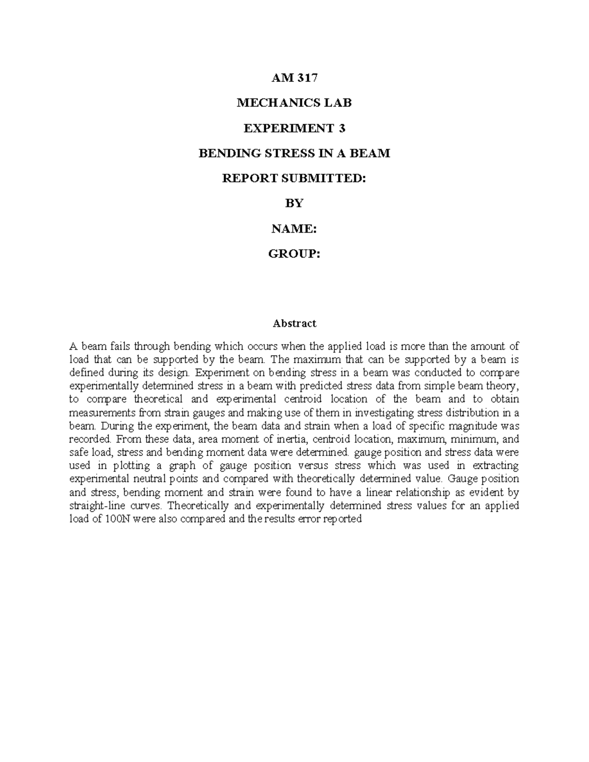 Bending Stress Analysis in Beam - AM 317 Lab Report - Studocu