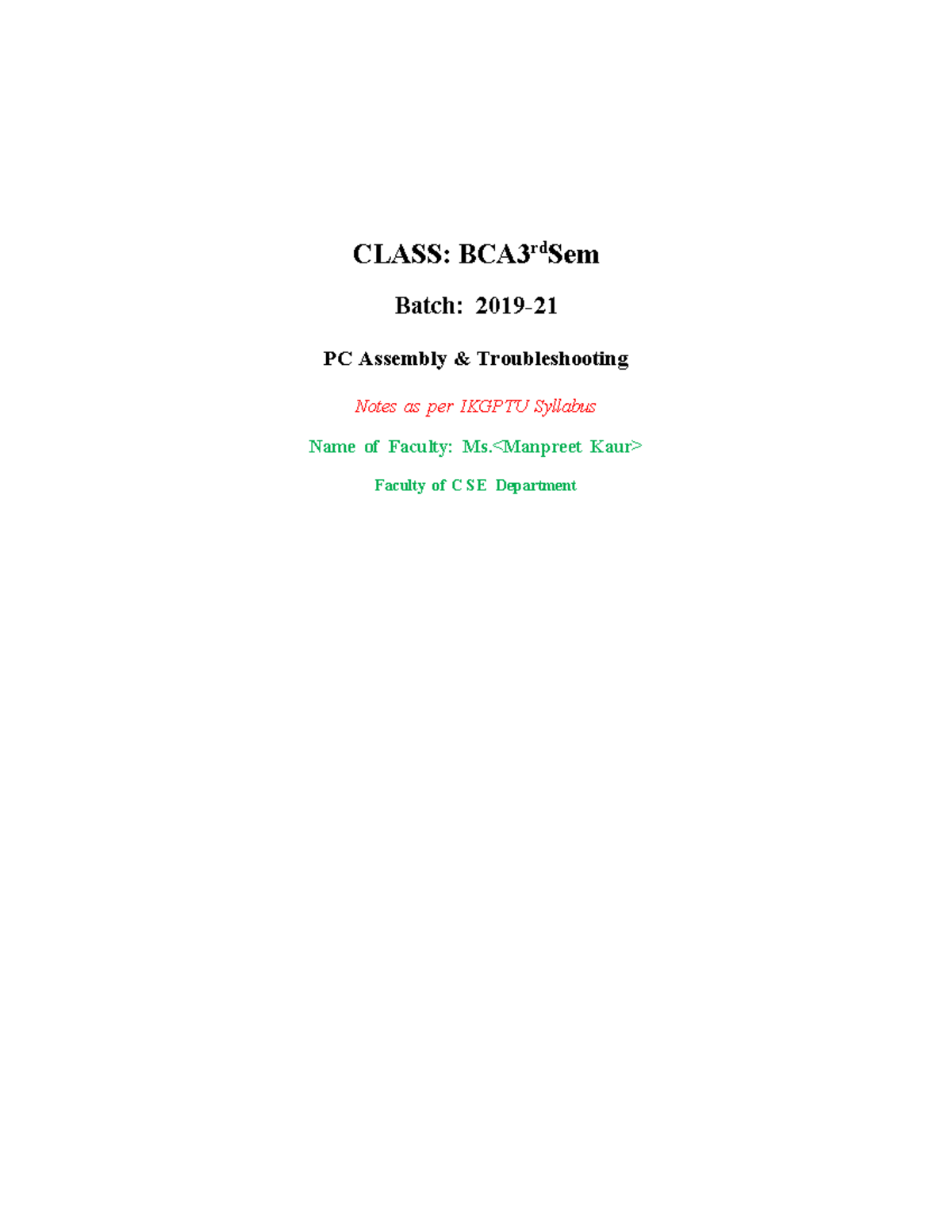 BCA 3rd Sem PC Assembly & Troubleshooting Notes - Studocu