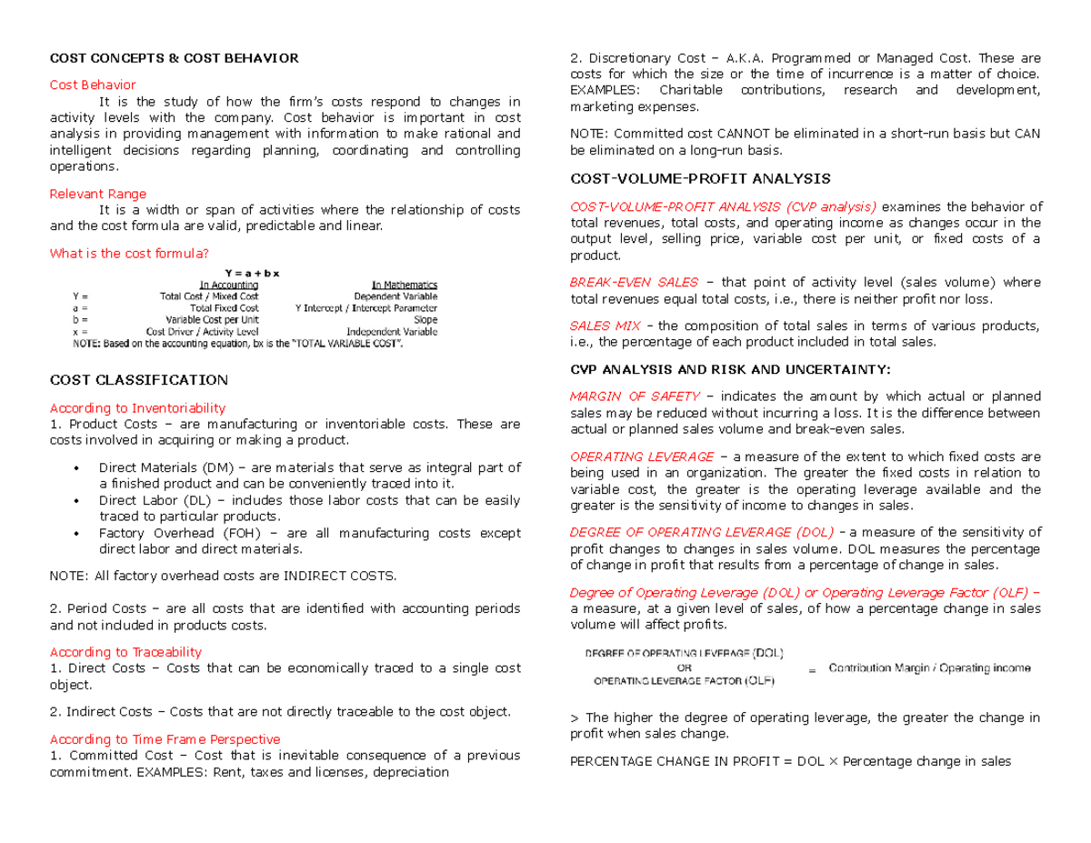 AE 24 Reviewer - notes - COST CONCEPTS & COST BEHAVIOR Cost Behavior It ...