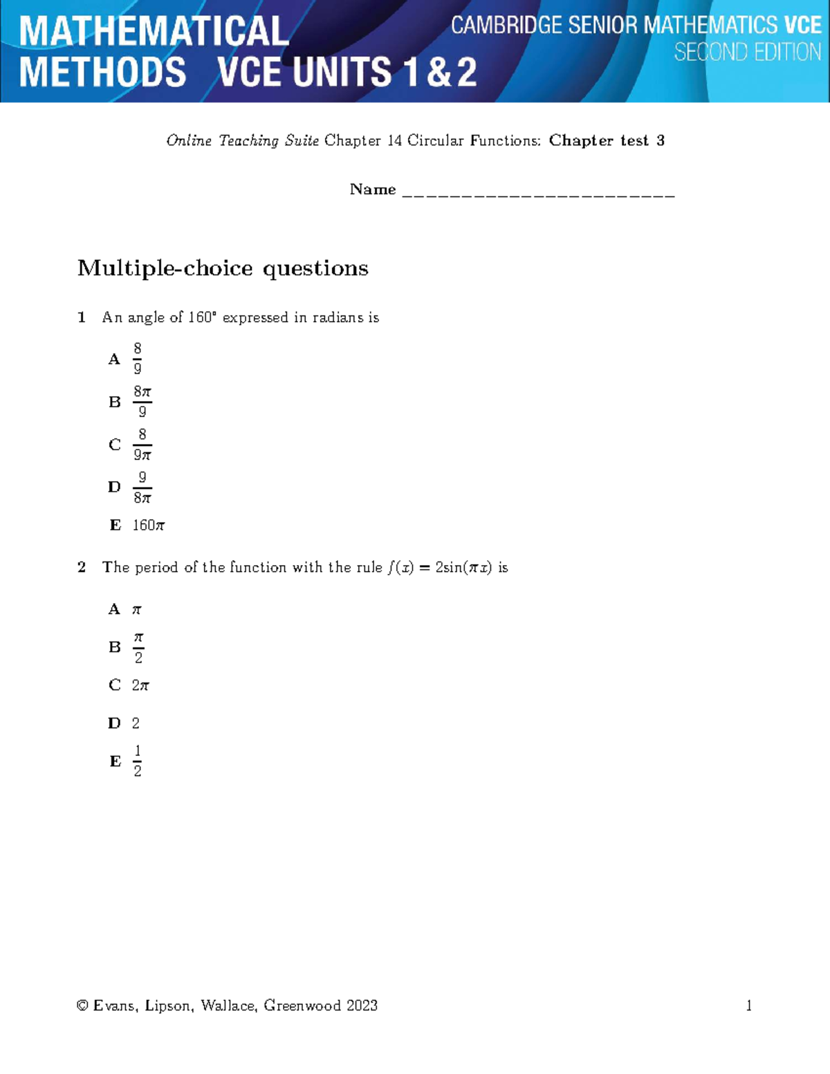 Online Teaching Suite MATH 101 Chapter 14 Test 3: Circular Functions ...