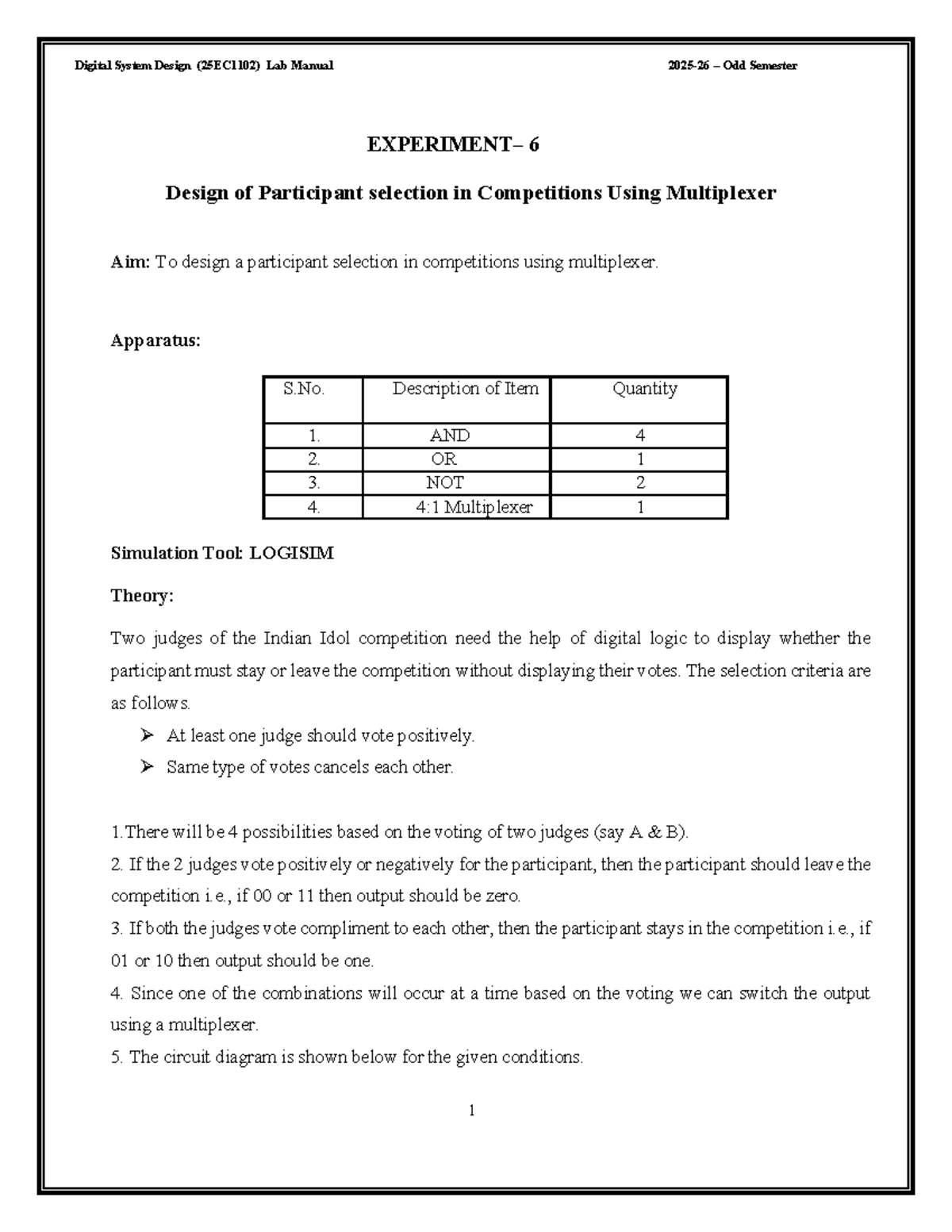 Digital System Design (25EC1102) Lab Manual: Multiplexer Participant ...