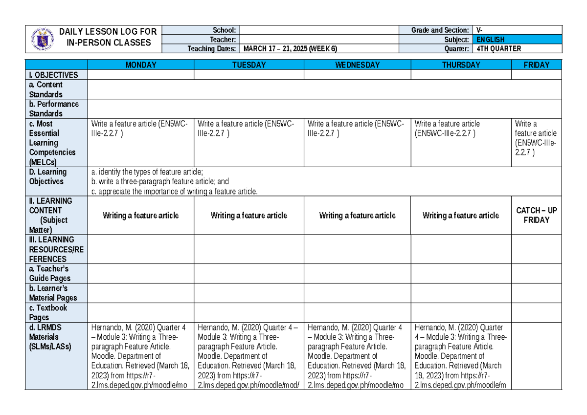 Q4 English DLL WEEK 6 - teaching purpose - DAILY LESSON LOG FOR IN ...