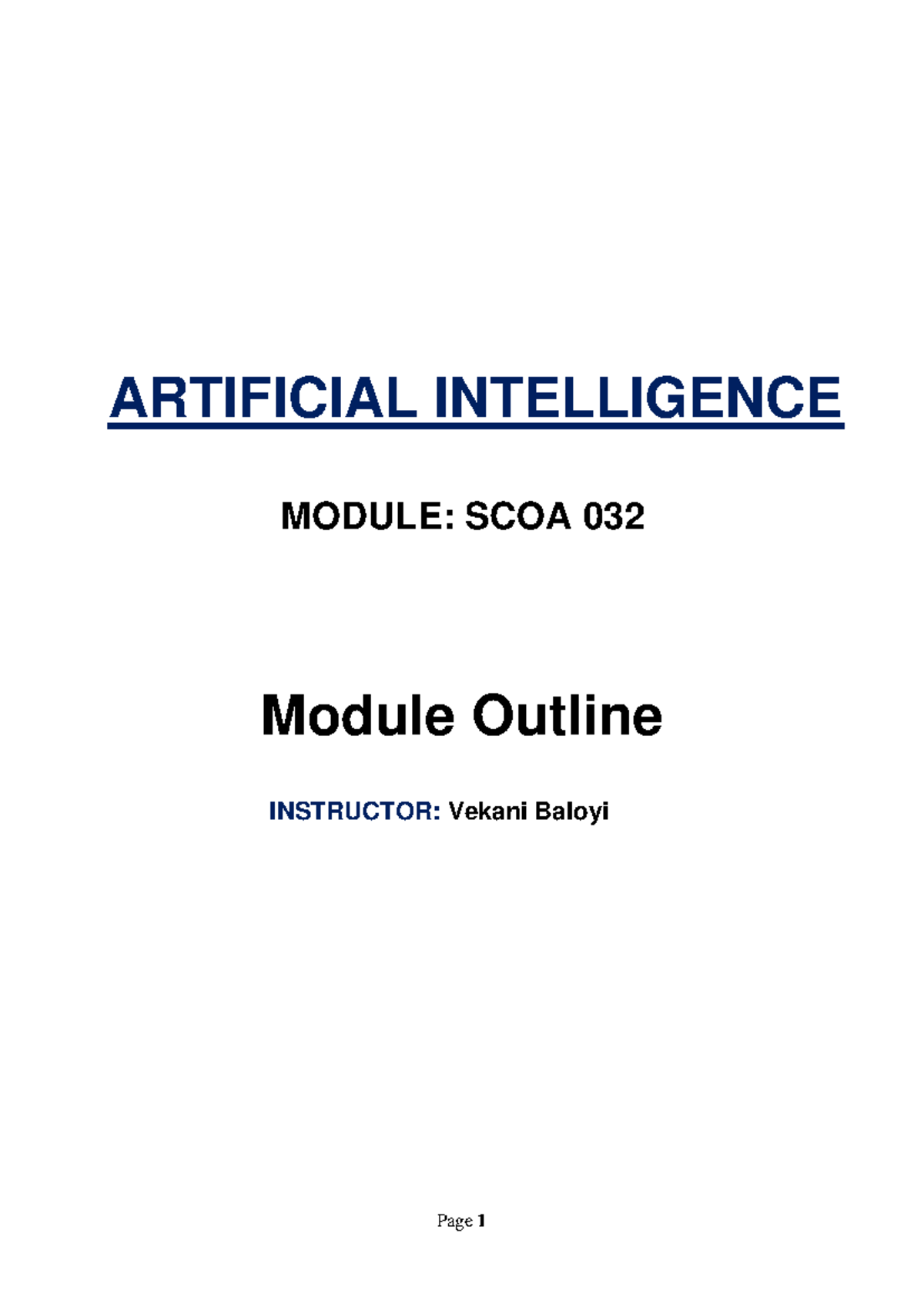 SCOA032 Artificial Intelligence Module Outline & Details for 2024 - Studocu